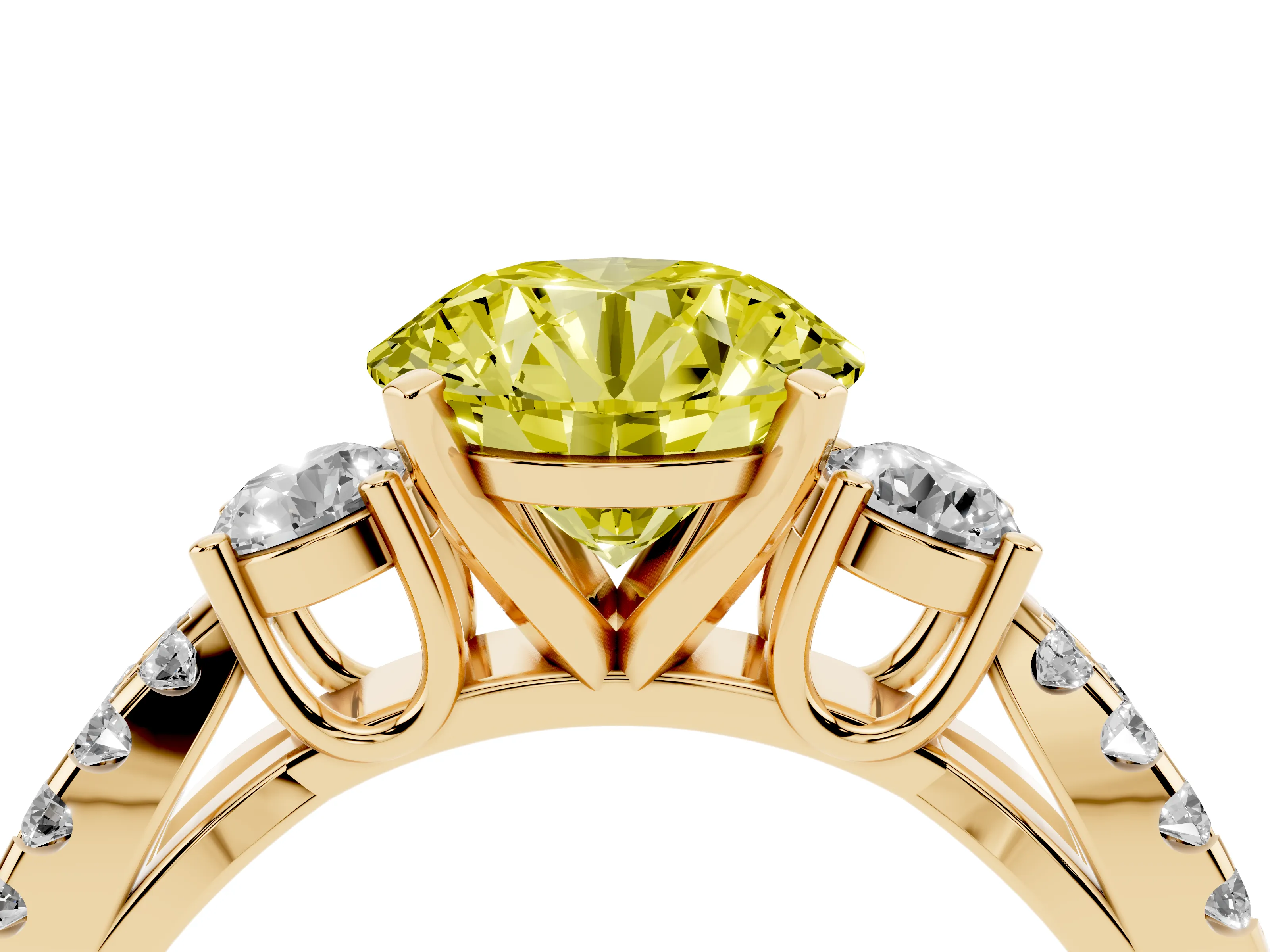 Fancy Yellow Round Cut Diamond Three-Stone Ring Set in Yellow gold with Pavé Split Shank and Prong Setting