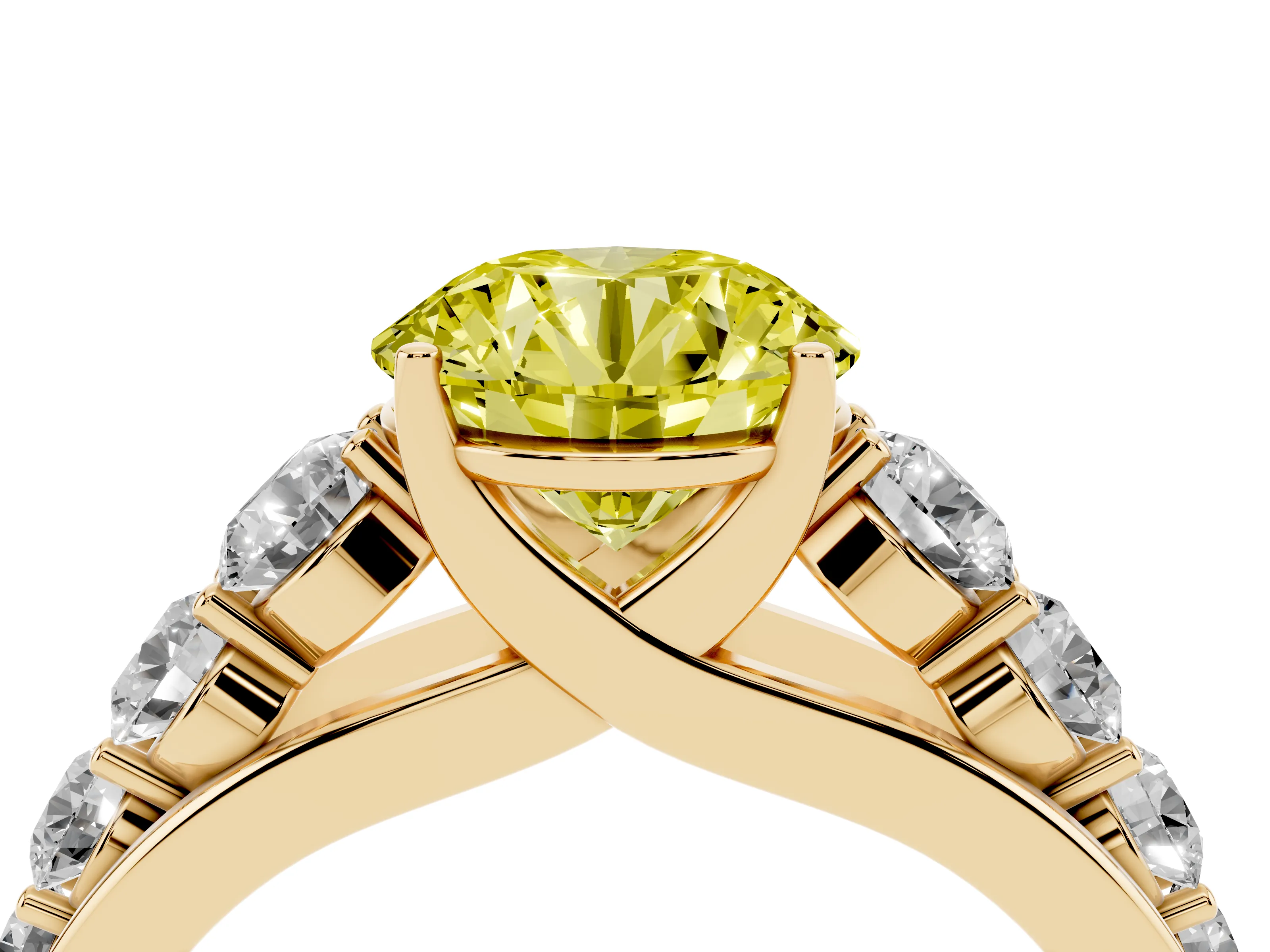 Fancy Yellow Round Cut Diamond Solitaire Ring Set in Yellow gold with Pavé-Set Band and Prong Setting
