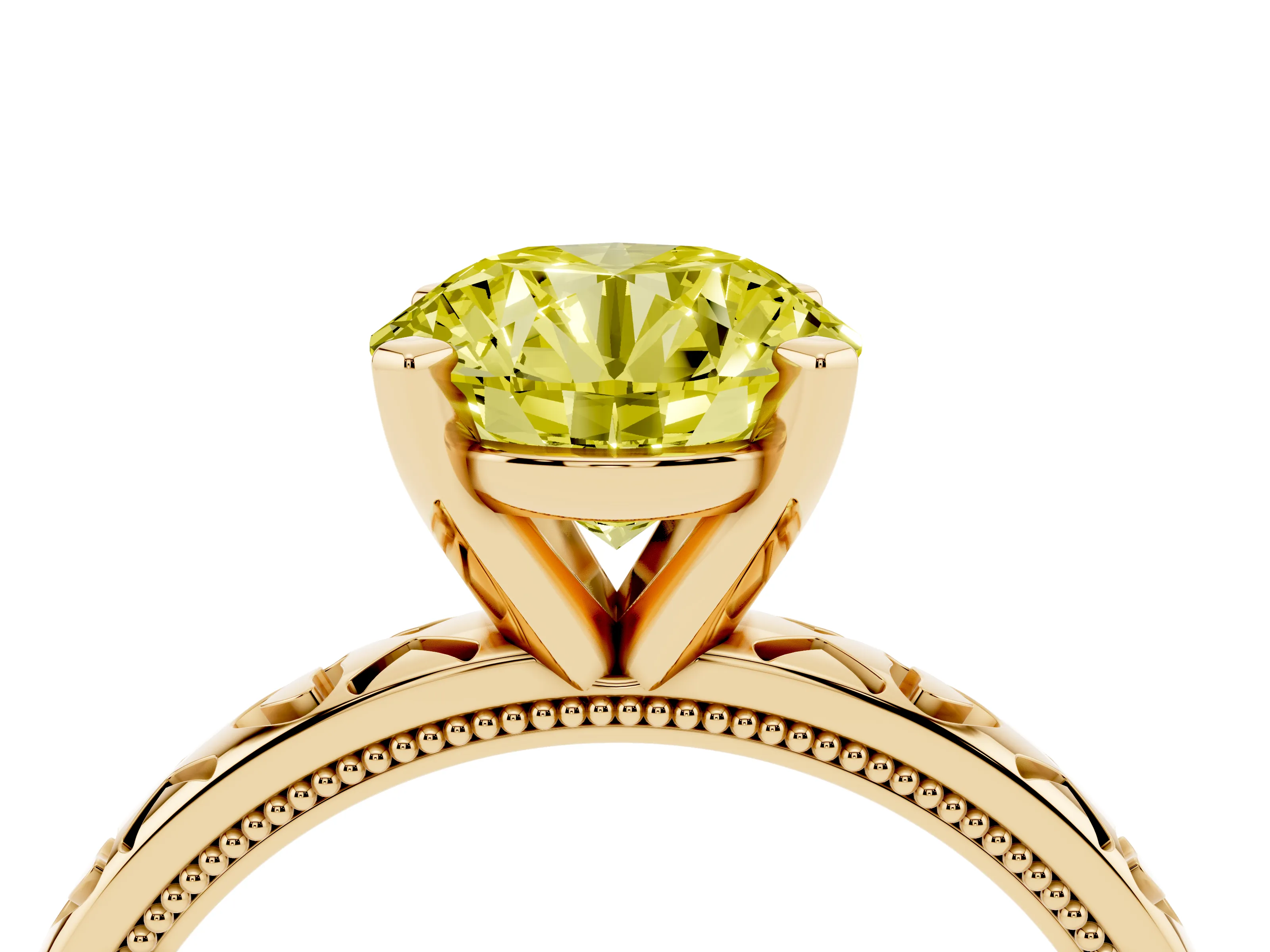 Fancy Yellow Round Cut Diamond Solitaire Engagement Ring Set in Yellow gold with XO Engraved Band and Prong Setting