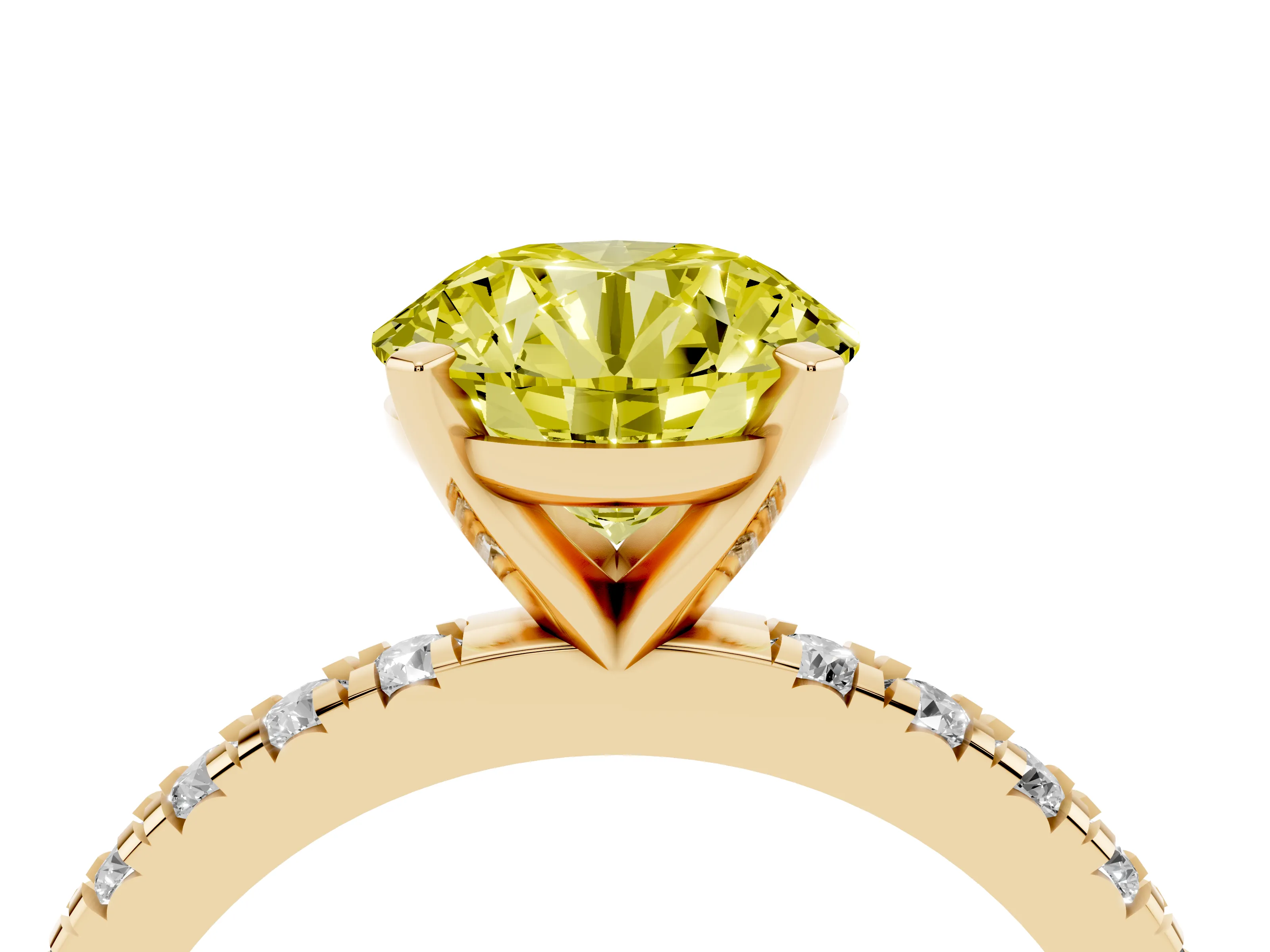 Fancy Yellow Round Cut Diamond Pavé Band Solitaire Set in Yellow gold with Prong Setting