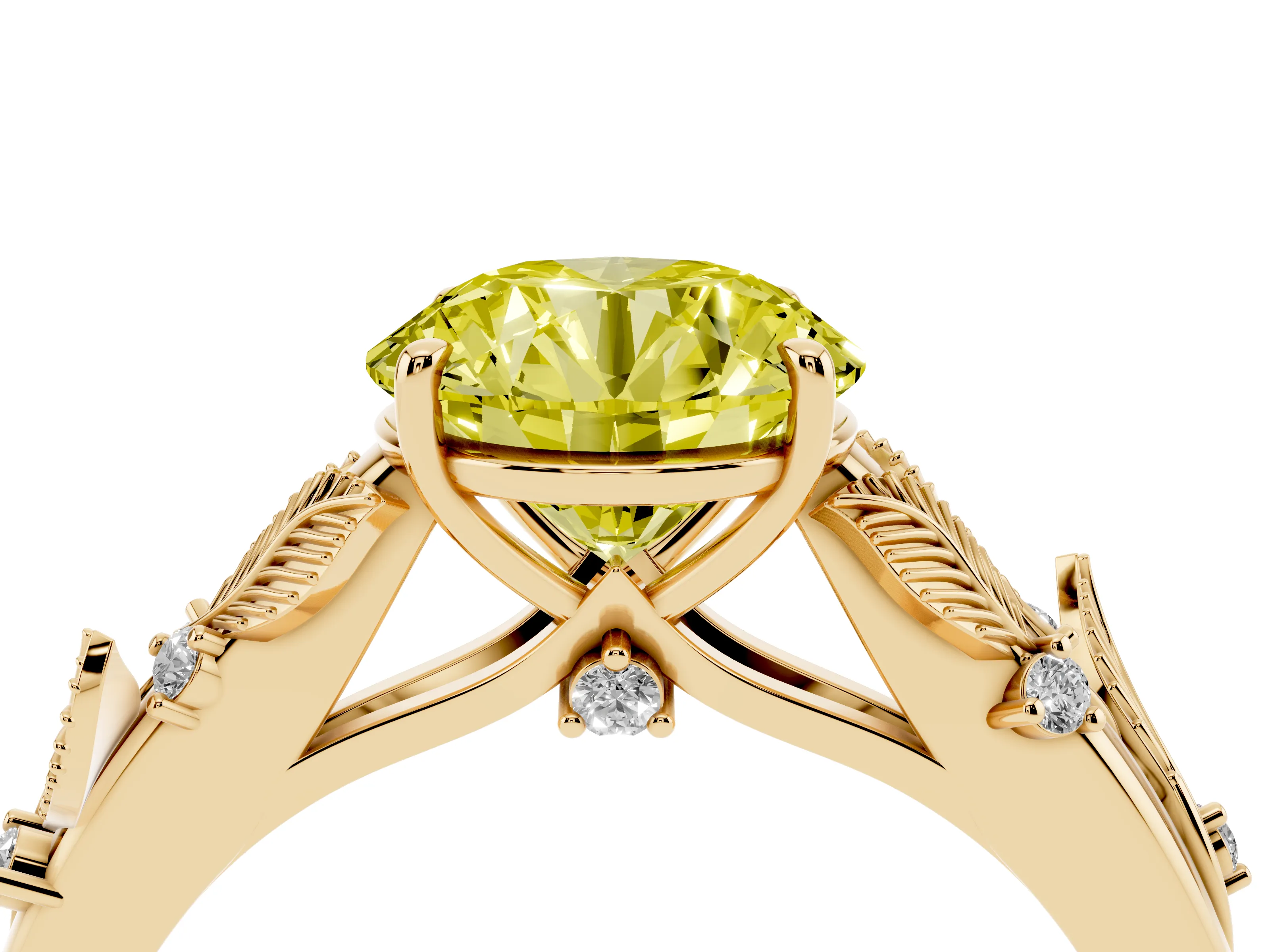 Fancy Yellow Round Cut Diamond Solitaire Ring Set in Yellow gold with Leaf Motif Band