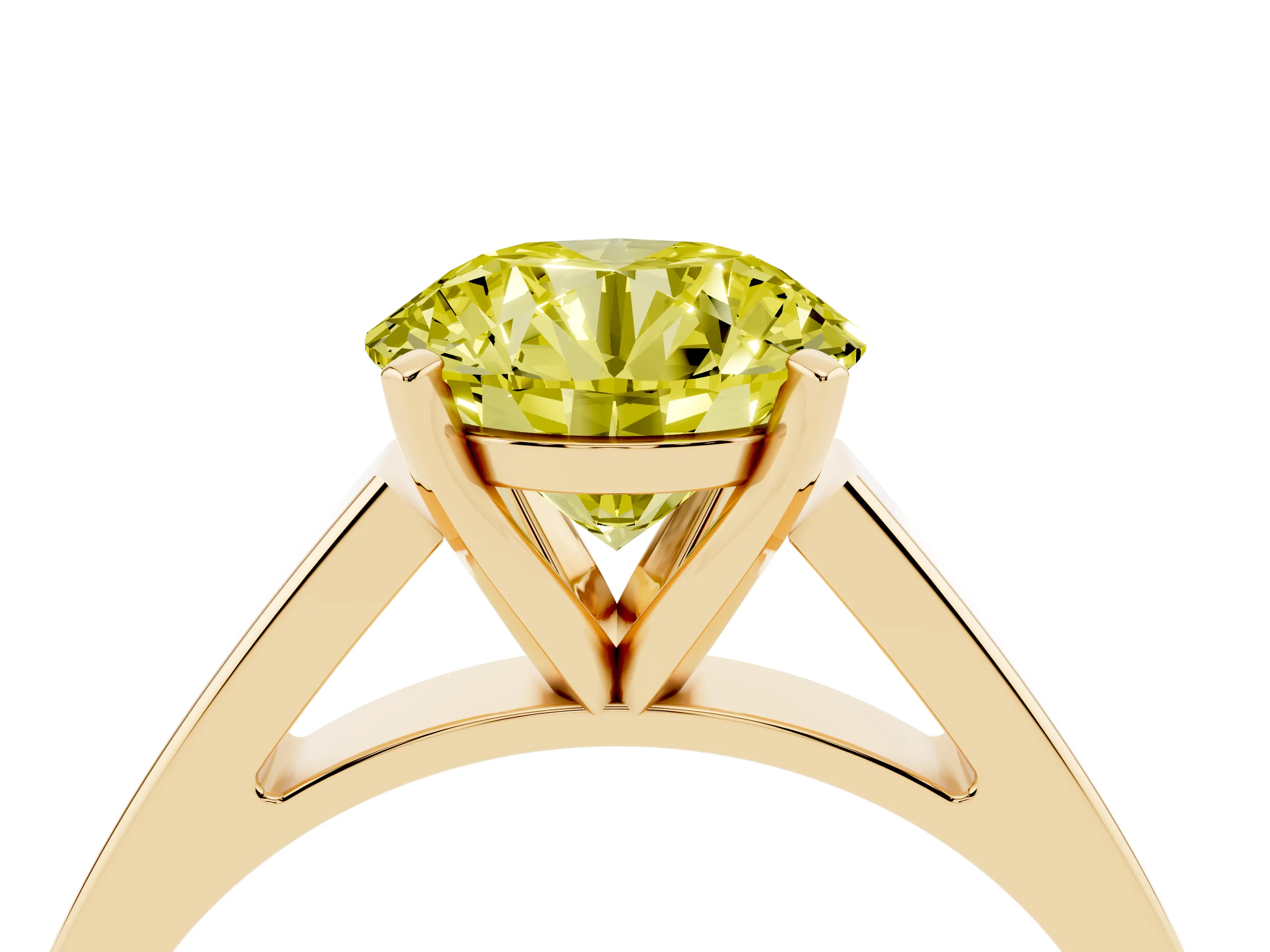 Fancy Yellow Round Cut Diamond Solitaire Engagement Ring Set in Yellow gold with Prong Setting and Tapered Band