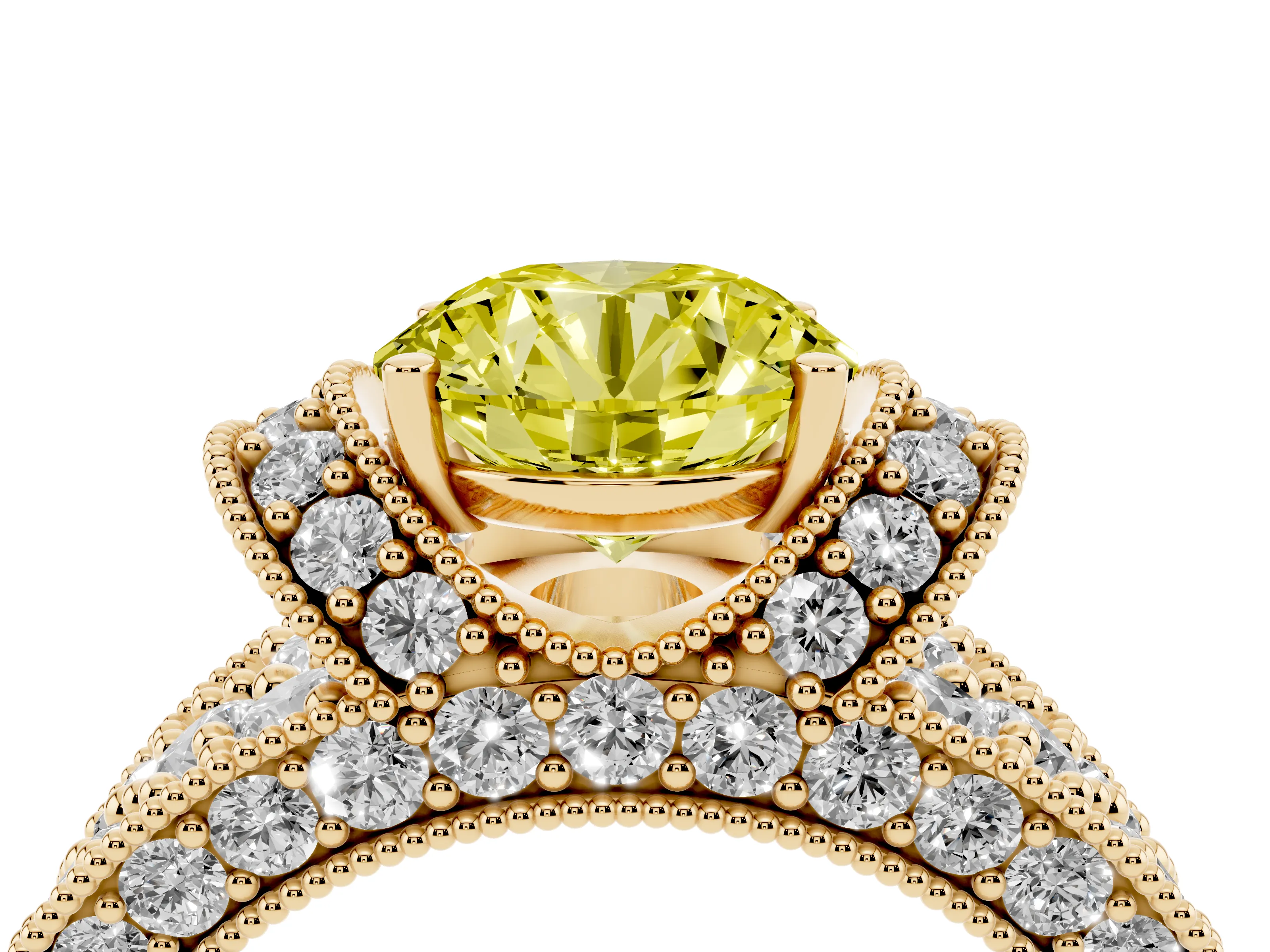 Fancy Yellow Round Cut Diamond Milgrain Halo Pavé Engagement Ring Set in Yellow gold with Prong Setting