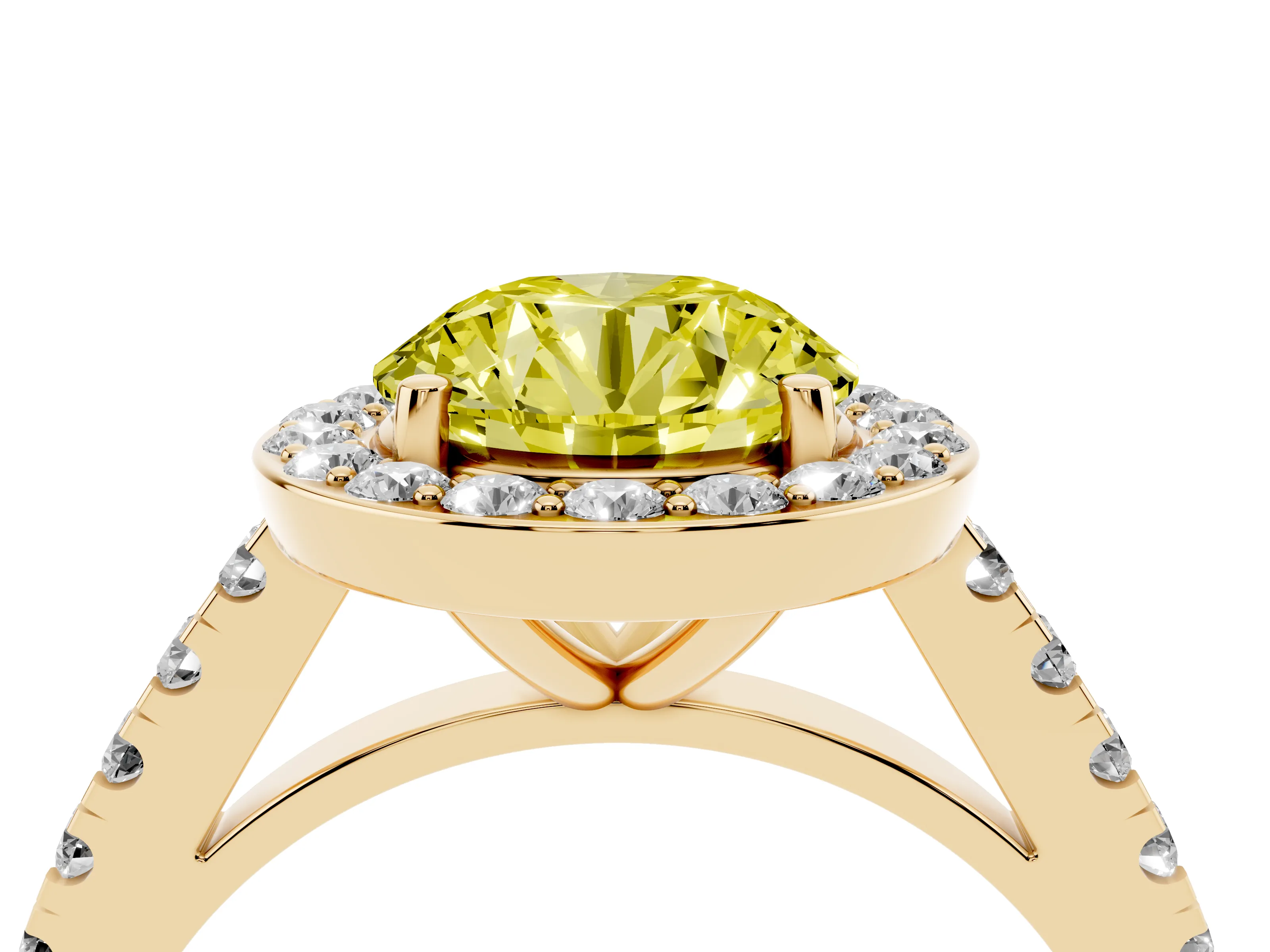 Fancy Yellow Round Cut Diamond Halo Ring Set in Yellow gold with Round Pavé Split Shank and Prong Setting