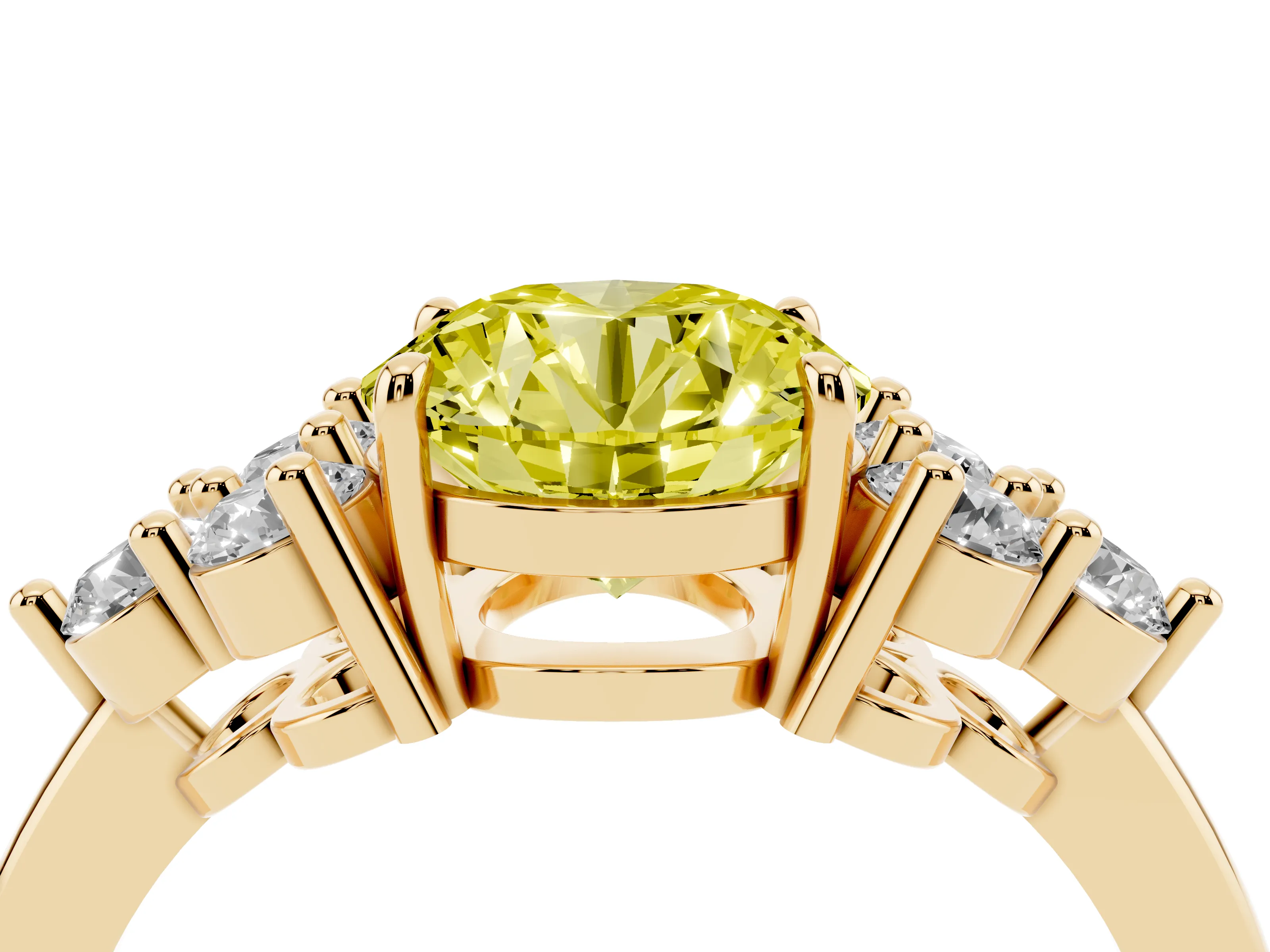 Fancy Yellow Round Cut Diamond Solitaire Ring Set in Yellow gold with Cluster Accents on Each Side