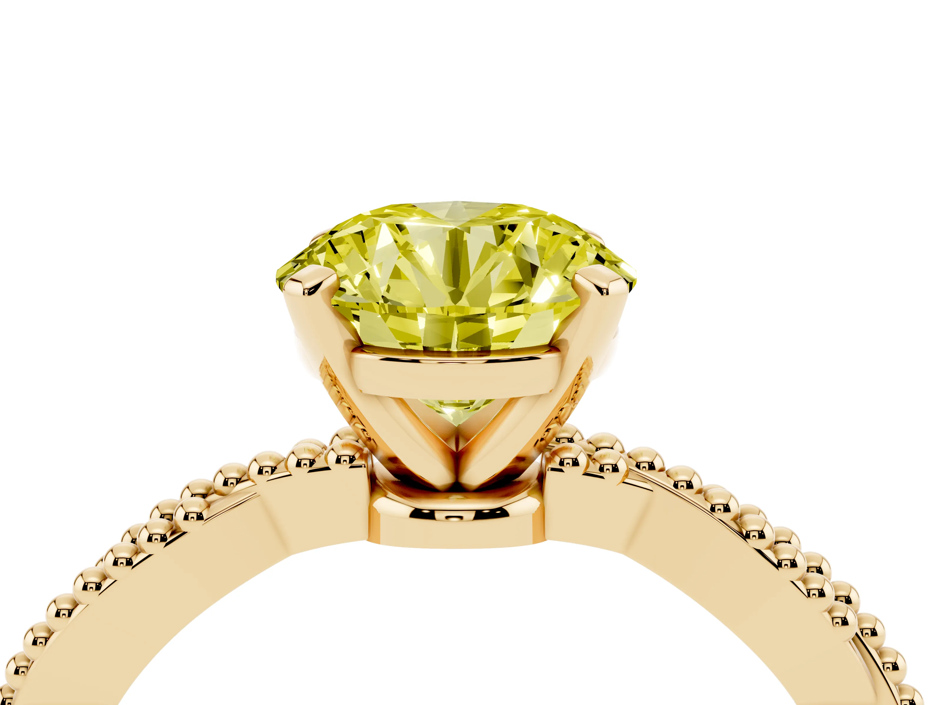 Fancy Yellow Round Cut Diamond Solitaire Ring Set in Yellow gold with Twisted Band and Bead Prong Setting
