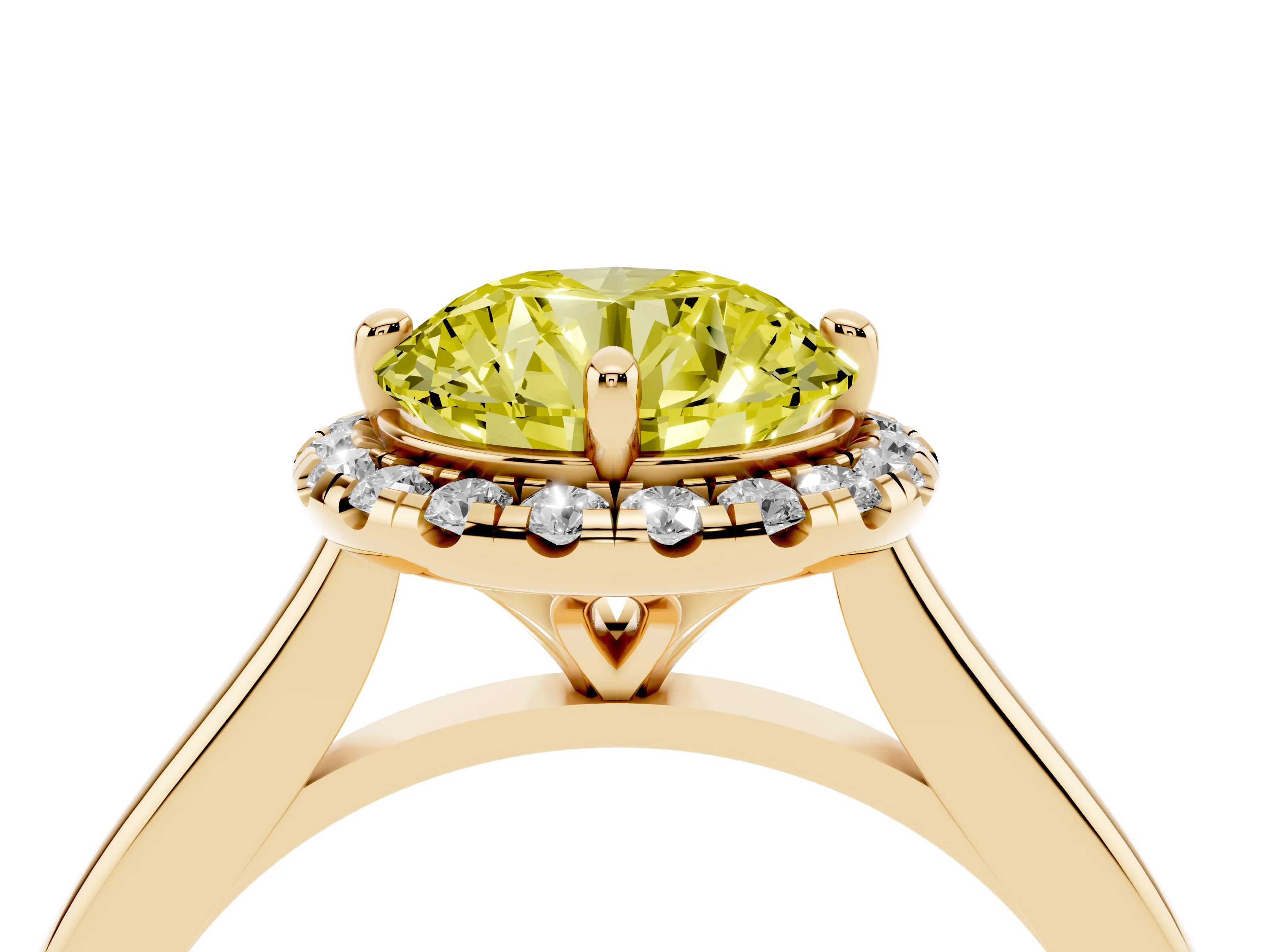 Fancy Yellow Round Cut Diamond Halo Engagement Ring Set in Yellow gold with Pavé Band and Rising Shoulders