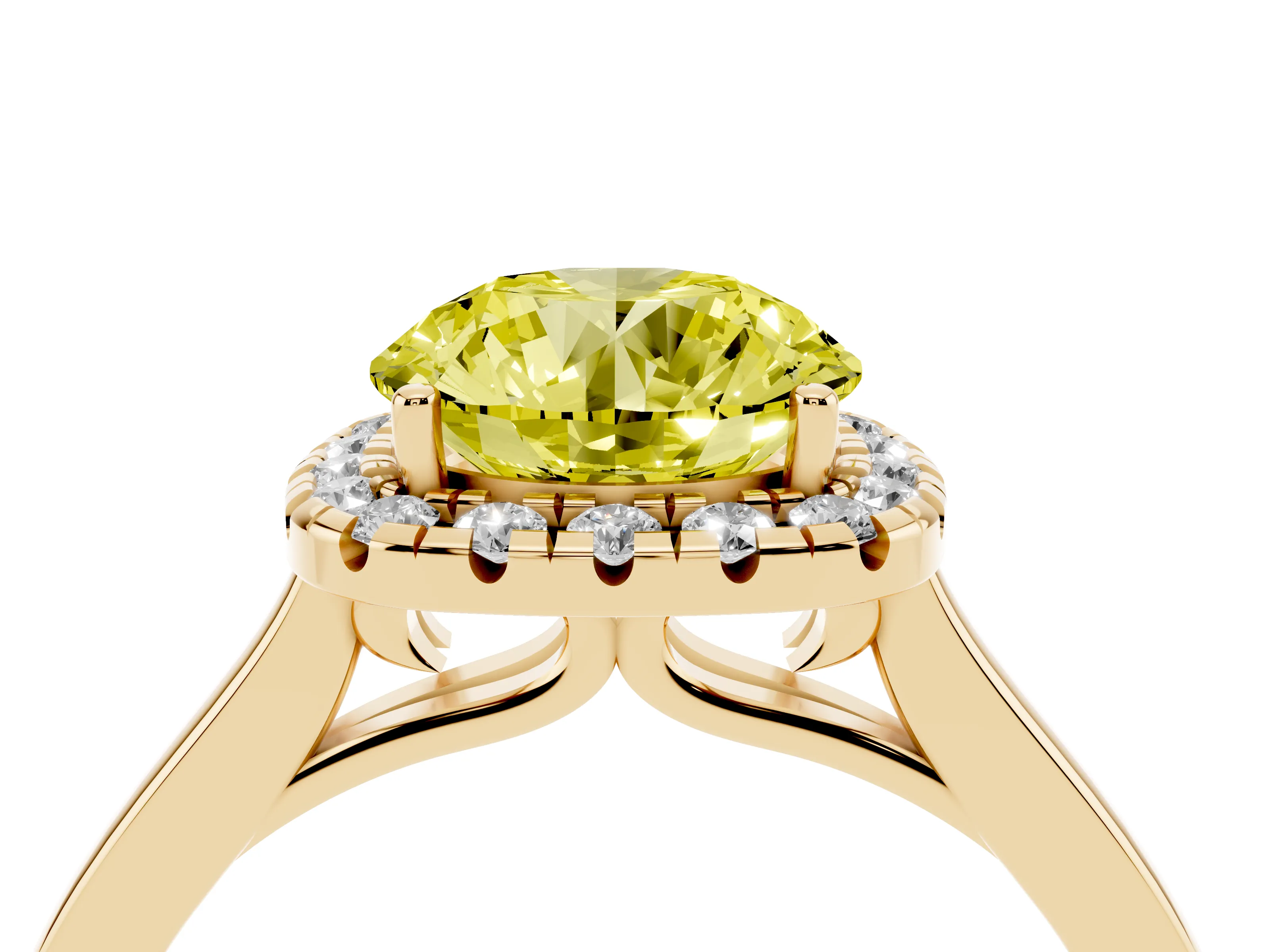 Fancy Yellow Round Cut Halo Round Diamond Solitaire Ring Set in Yellow gold with Pavé Band and Prong Setting