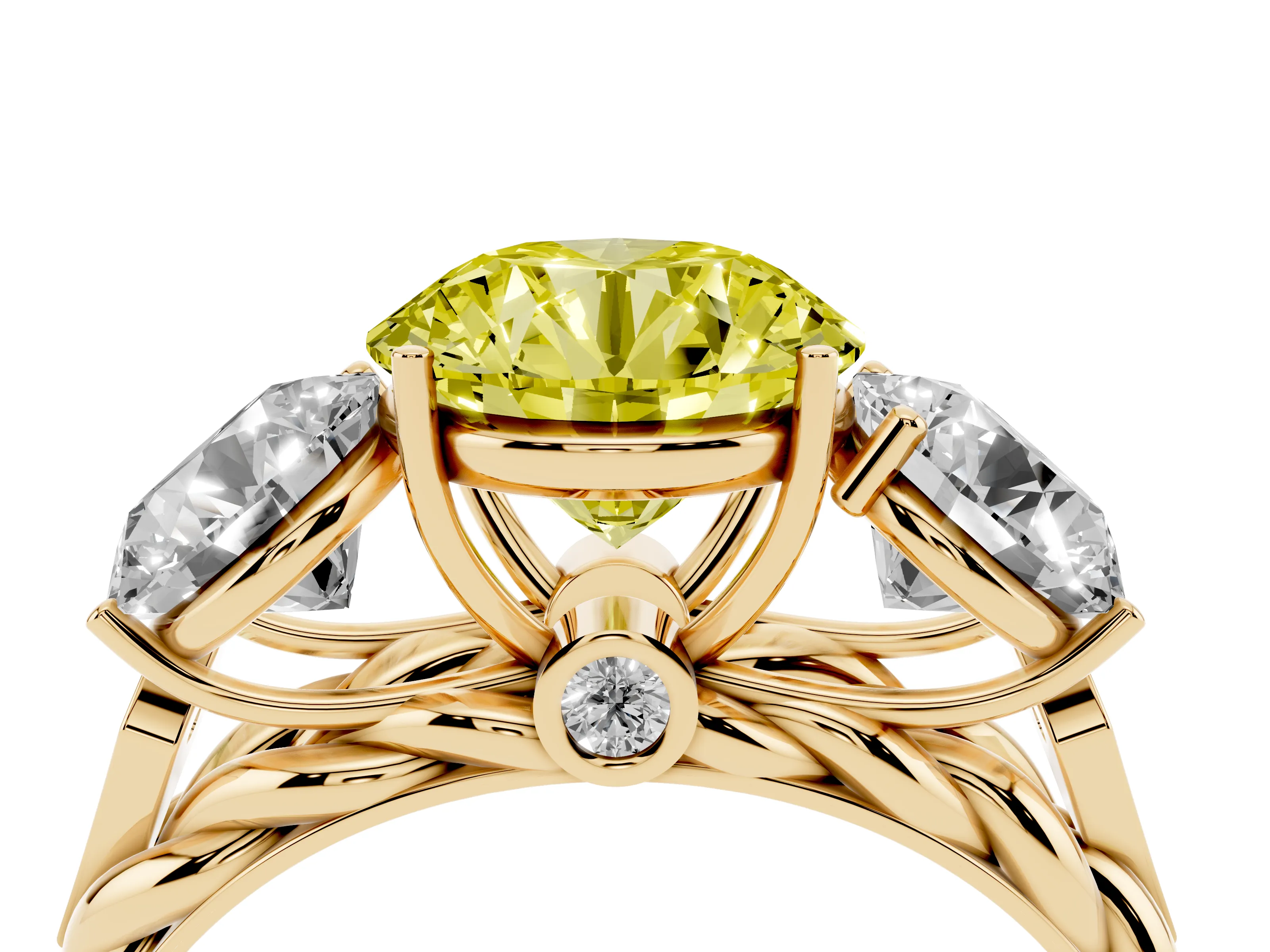Fancy Yellow Round Cut Diamond Three-Stone Ring Set in Yellow gold with Braided Band