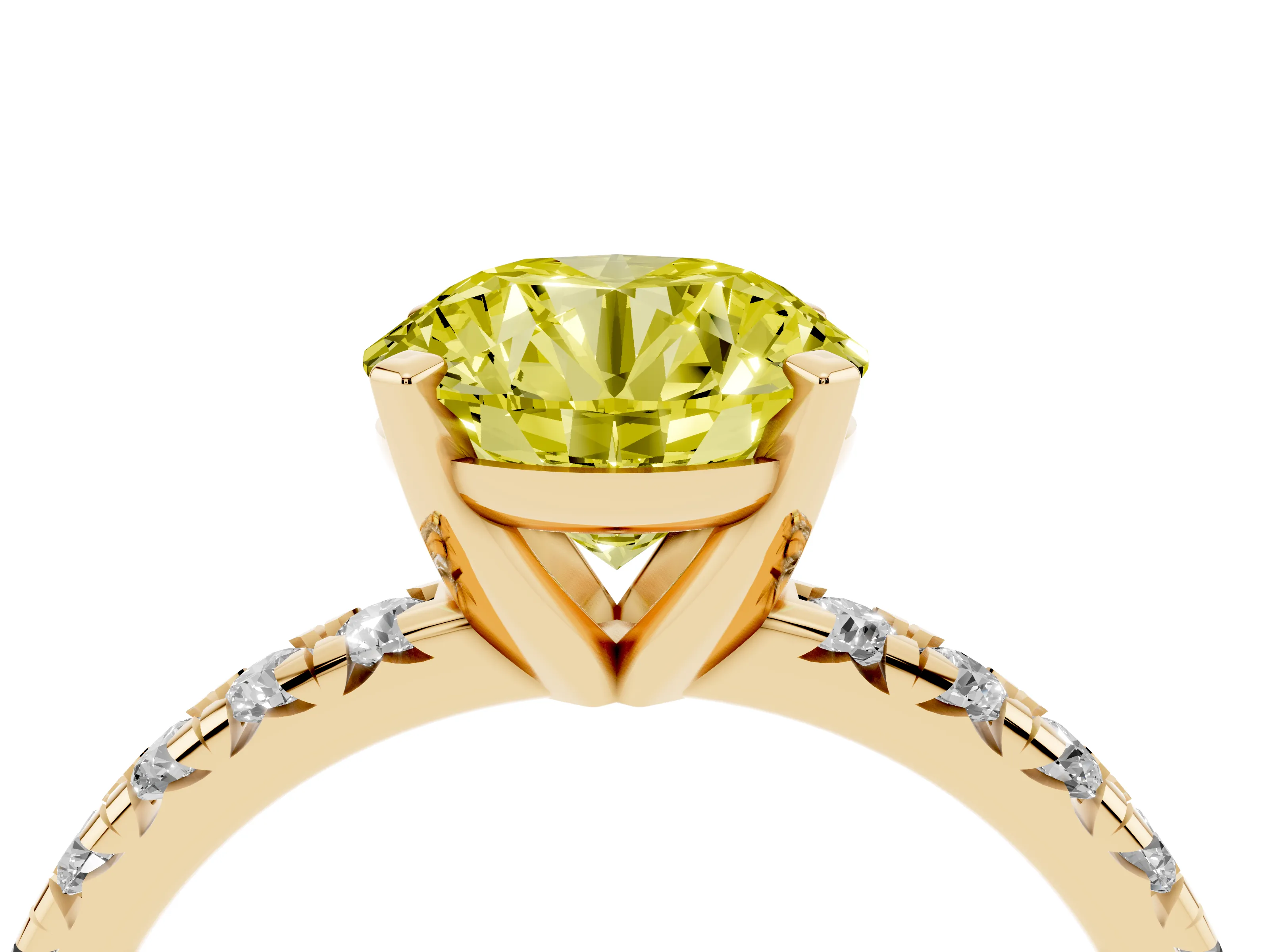 Fancy Yellow Round Cut Diamond Solitaire Pavé Engagement Ring Set in Yellow gold with Round Band and Prong Setting