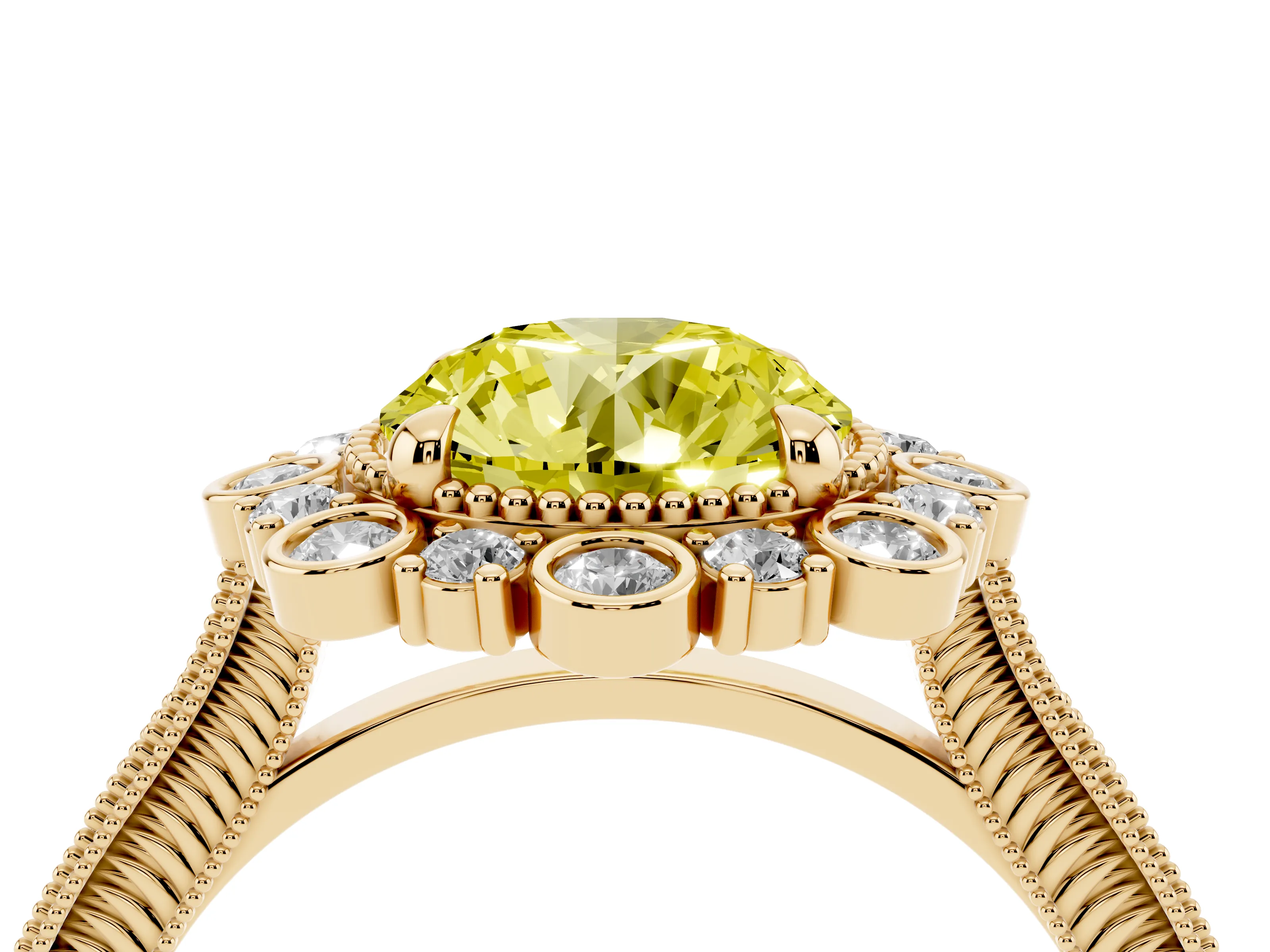 Fancy Yellow Round Cut Diamond Halo Milgrain Pavé Ring Set in Yellow gold with Prong Setting