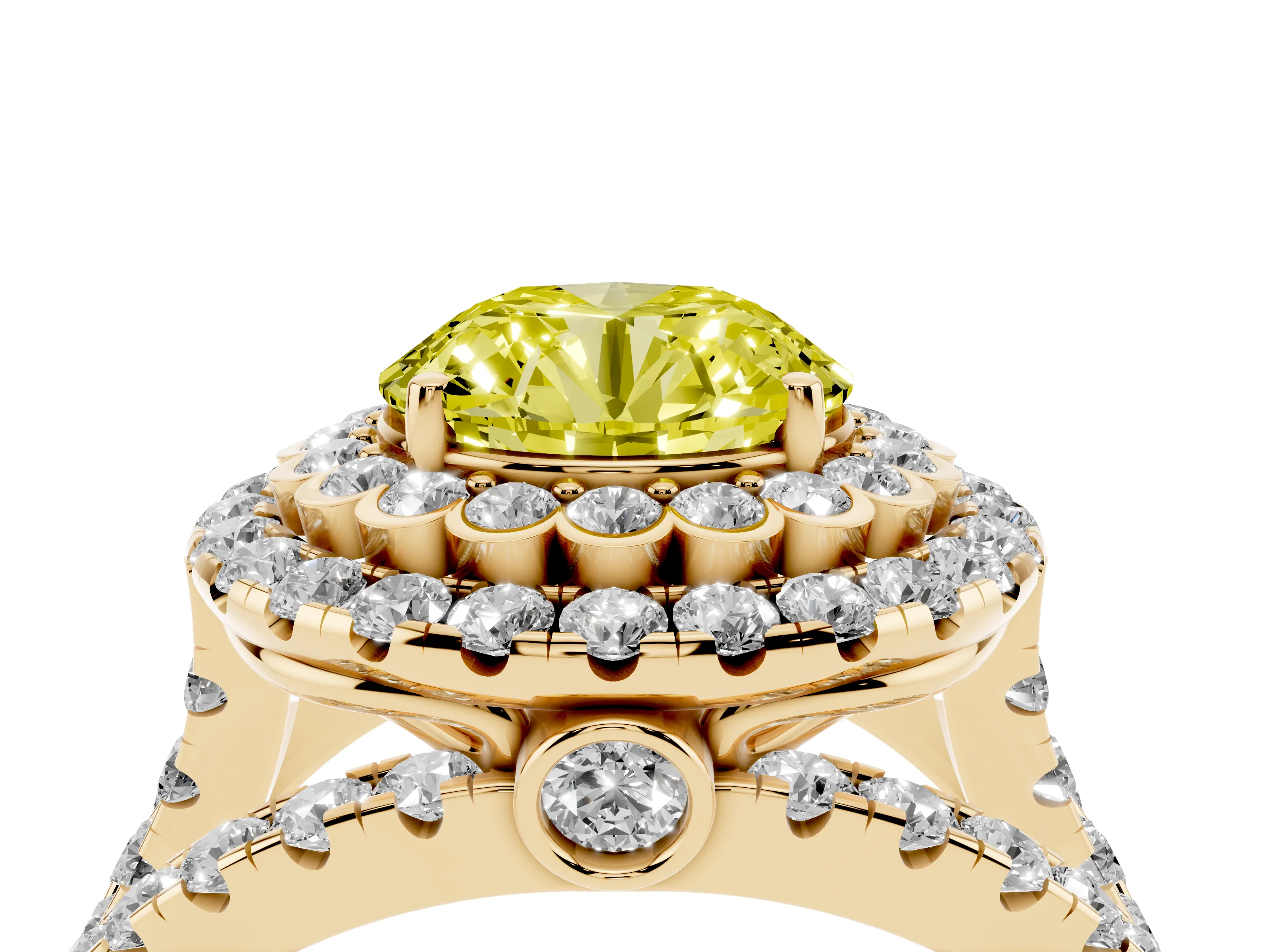 Fancy Yellow Round Cut Diamond Double Halo Ring Set in Yellow gold with Round Pavé Split Shank