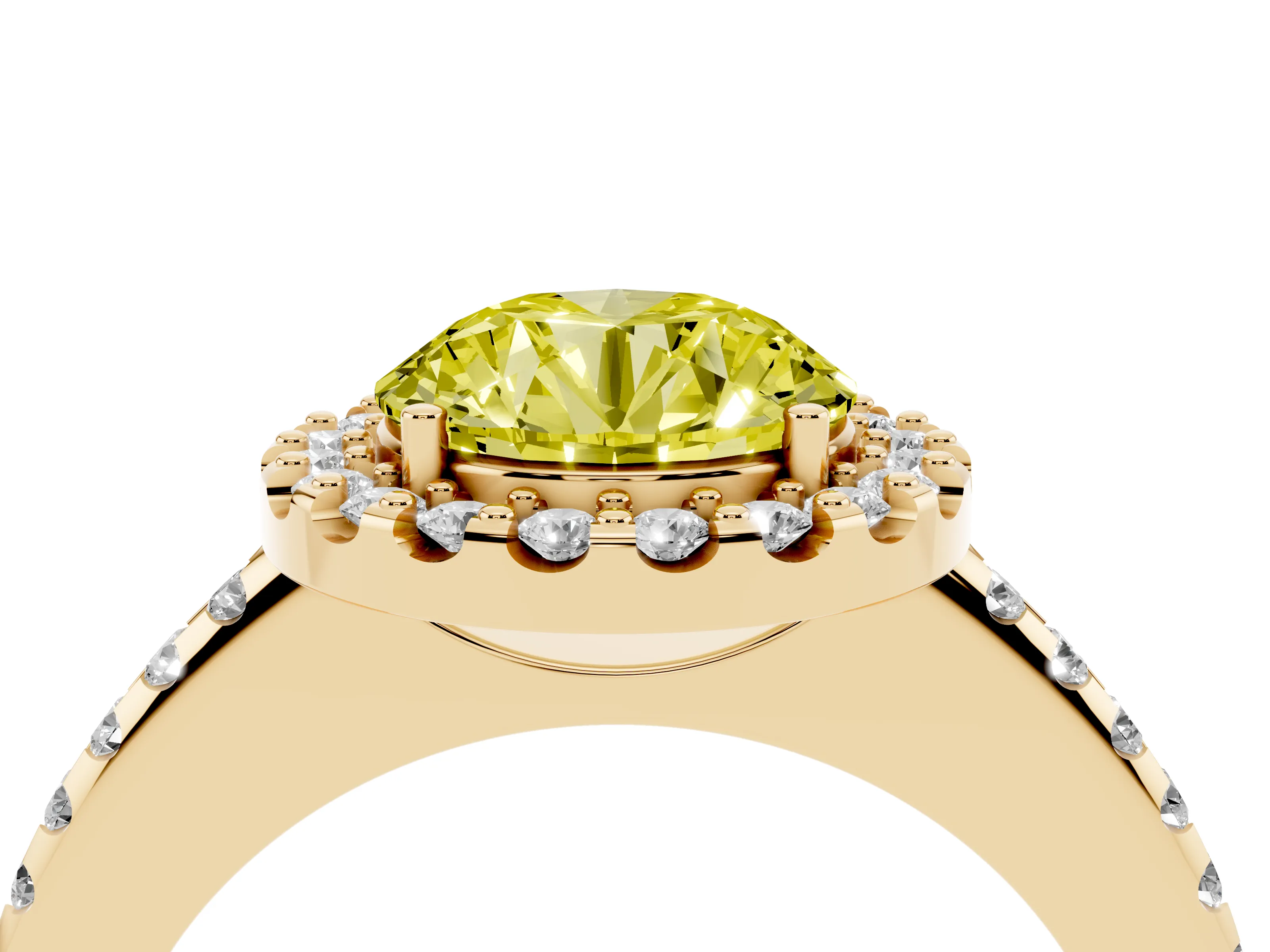 Fancy Yellow Round Cut Diamond Pavé Halo Ring Set in Yellow gold with Prong Setting