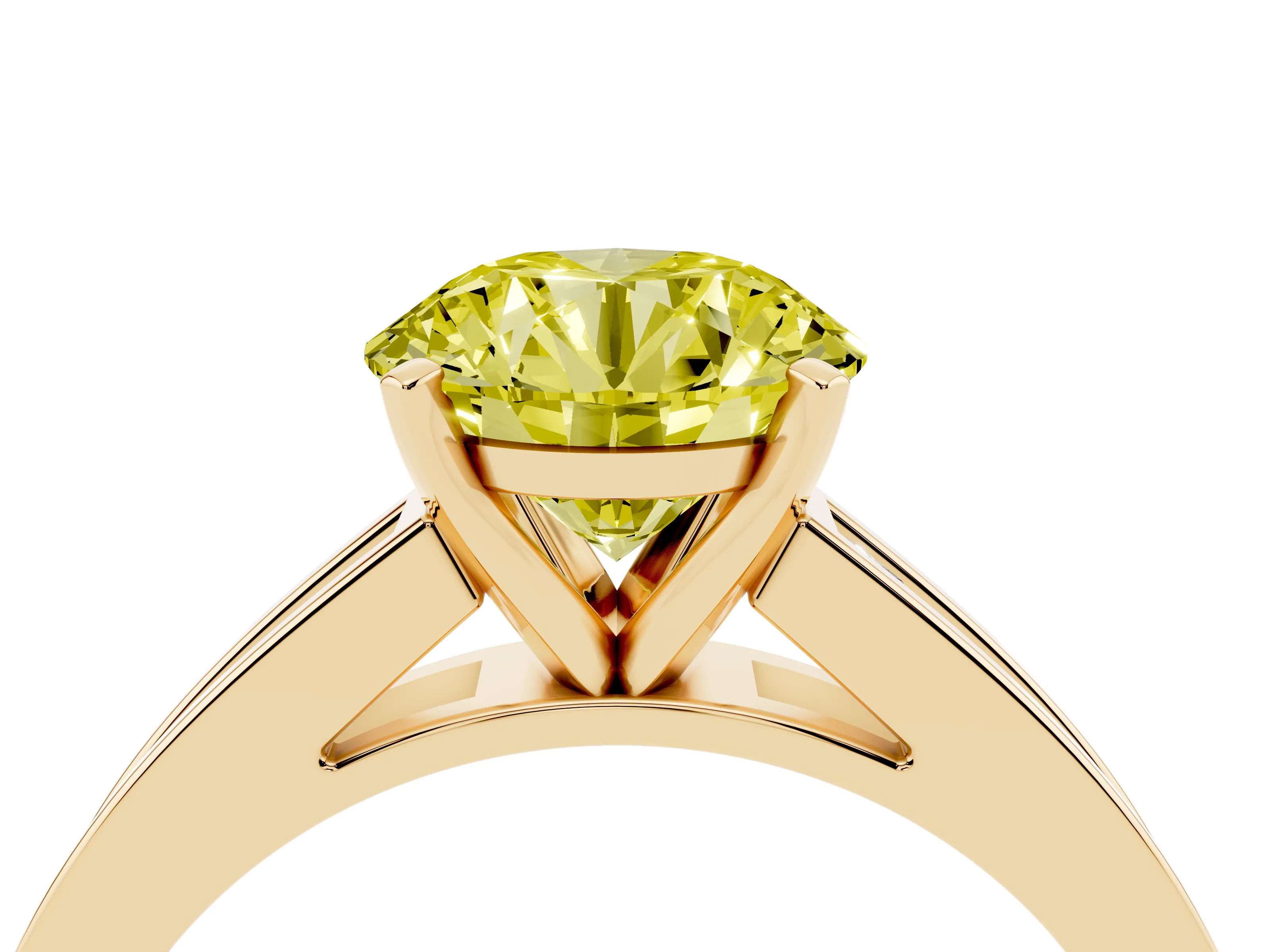 Fancy Yellow Round Cut Diamond Solitaire Ring Set in Yellow gold with Channel-Set Band and Prong Setting