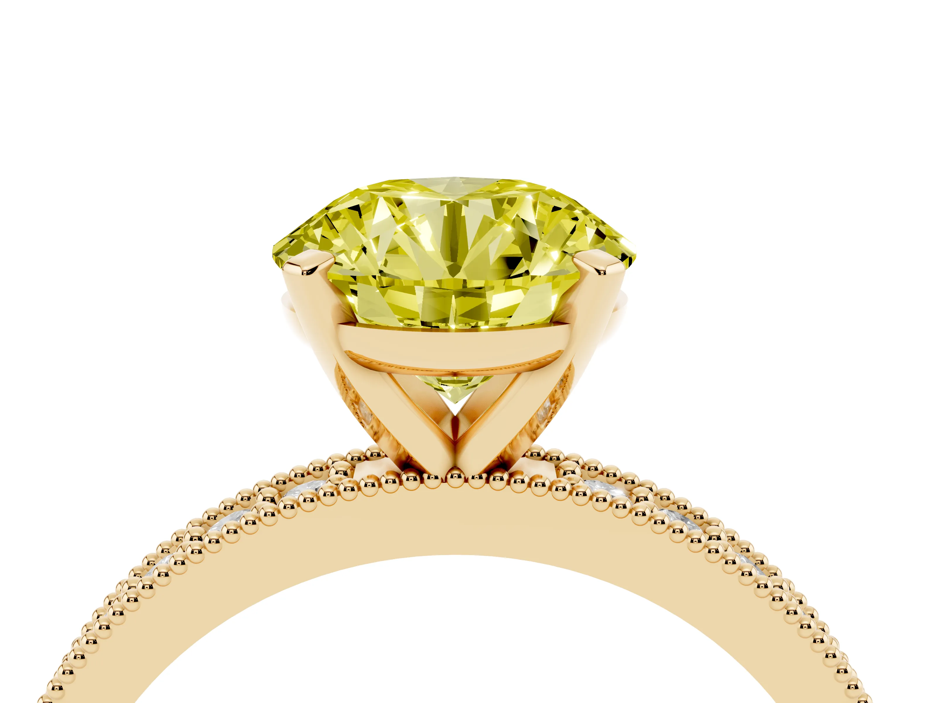 Fancy Yellow Round Cut Diamond Milgrain Pavé Engagement Ring Set in Yellow gold with Prong Setting