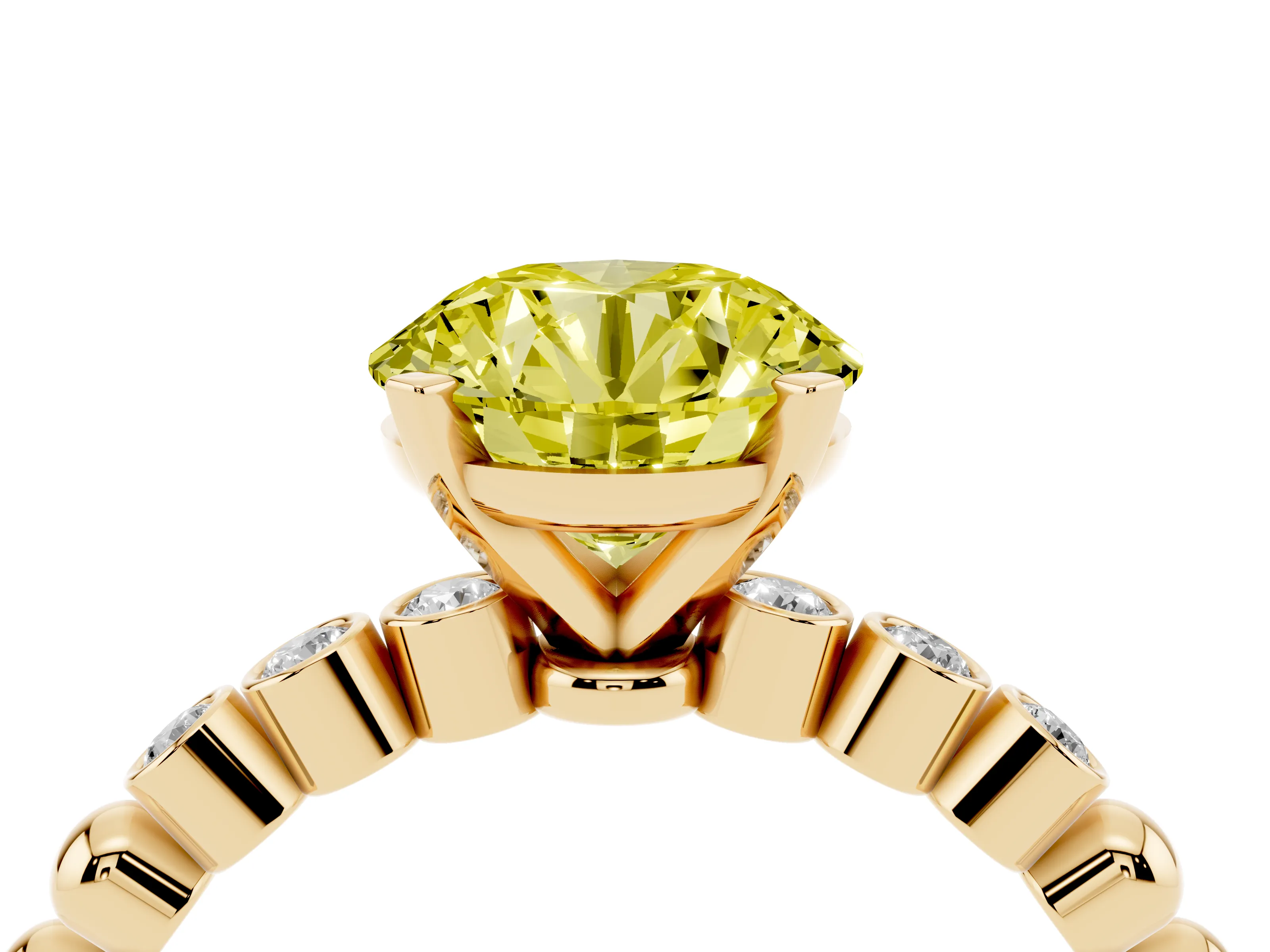 Fancy Yellow Round Cut Diamond Solitaire Engagement Ring Set in Yellow gold with Bezel Accents on Beaded Band