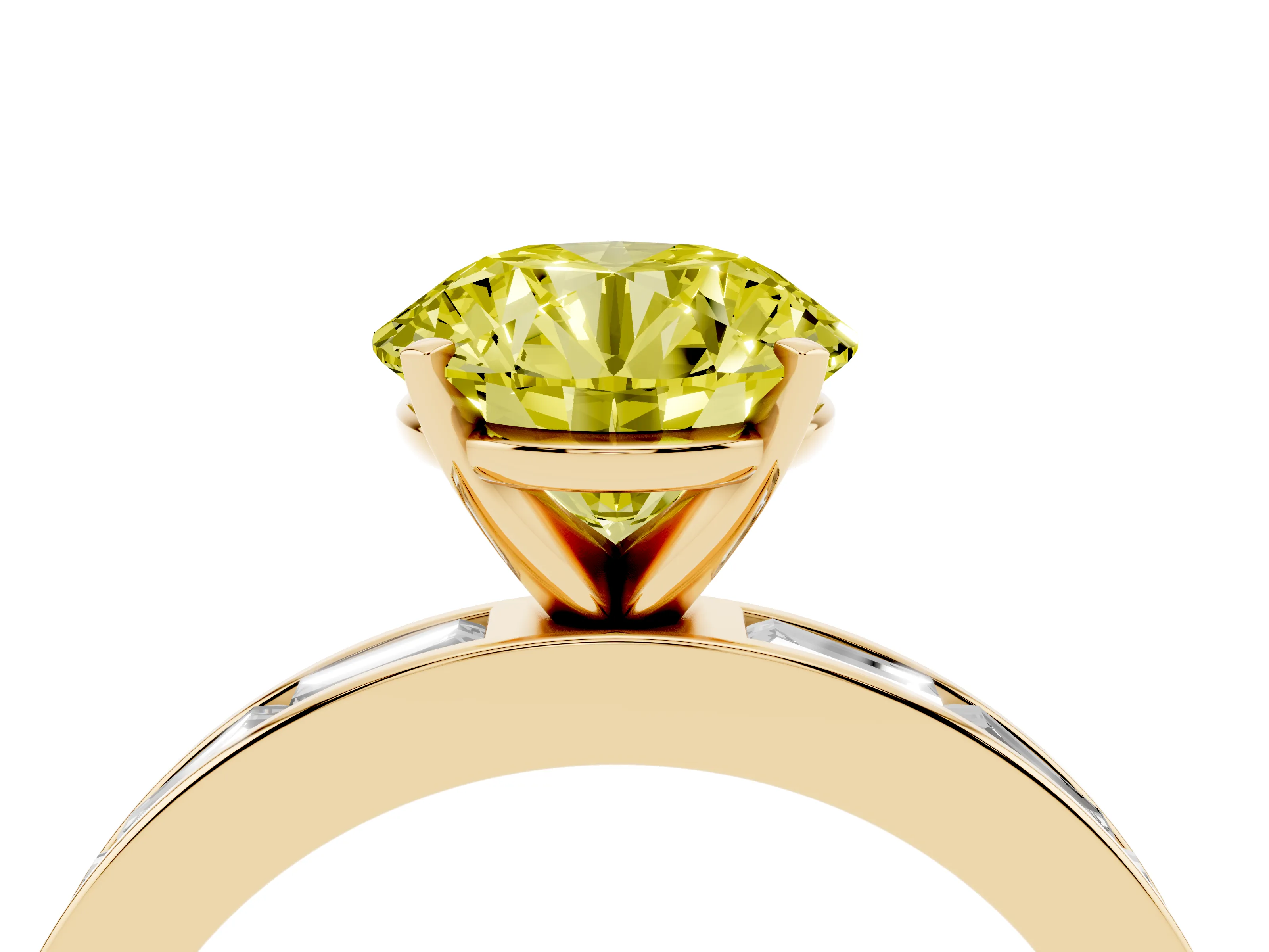 Fancy Yellow Round Cut Diamond Solitaire Ring Set in Yellow gold with Channel-Set Baguette Band and Prong Setting