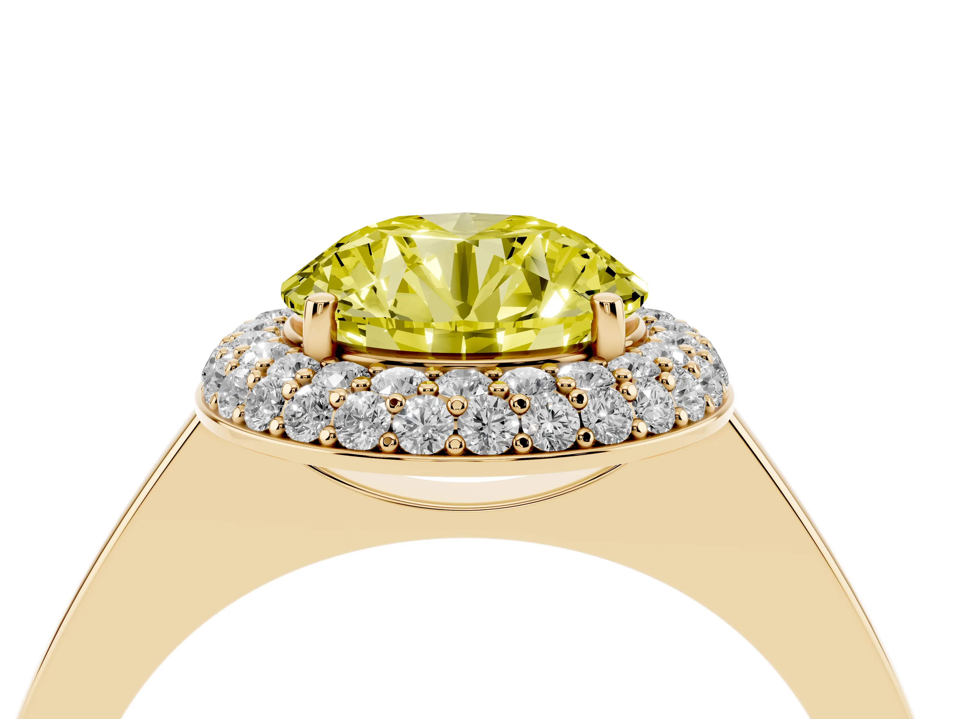 Fancy Yellow Round Cut Diamond Halo Engagement Ring Set in Yellow gold with Solitaire Band and Prong Setting