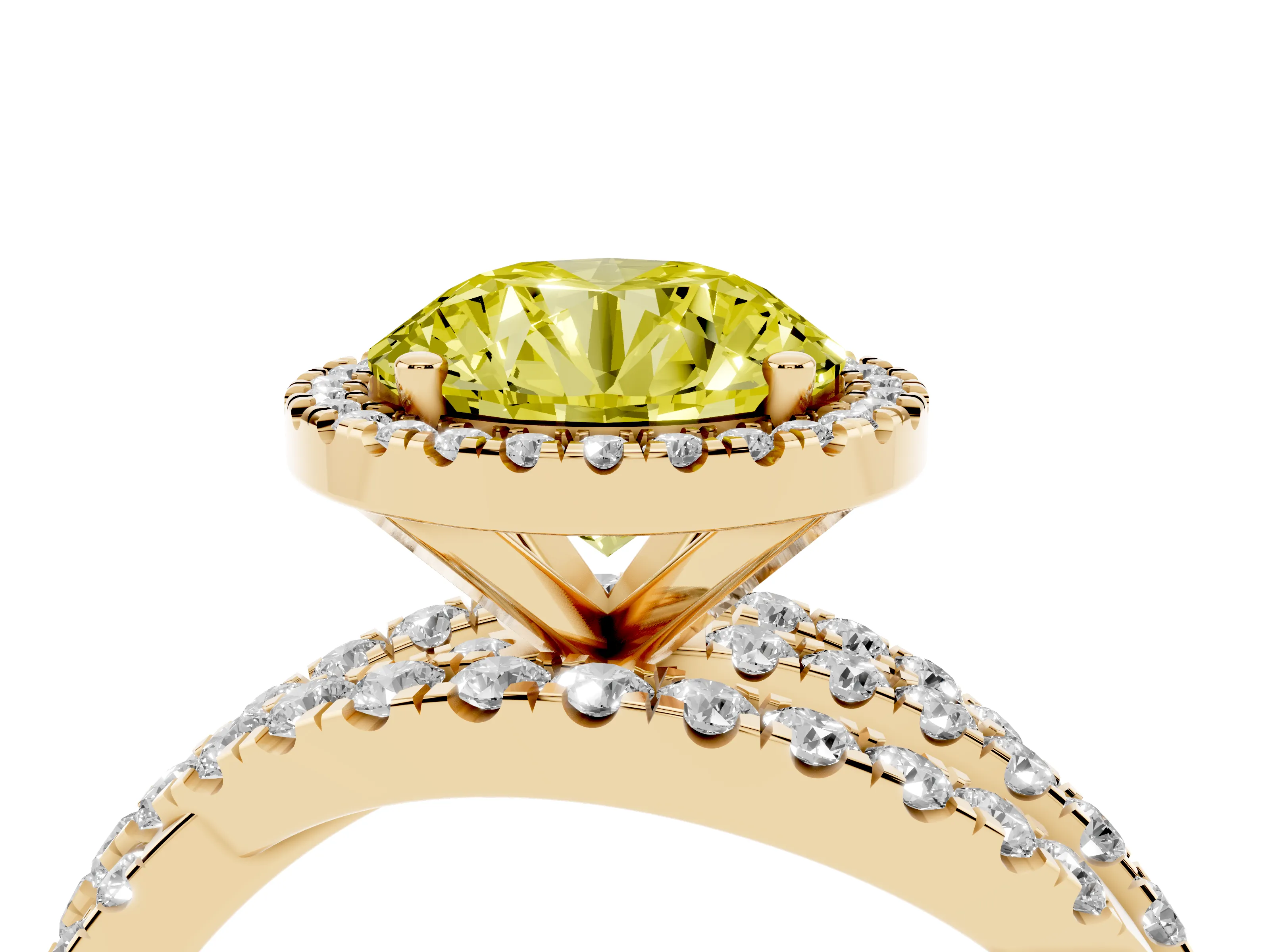 Fancy Yellow Round Cut Diamond Halo Ring Set in Yellow gold with Round Crossover Split Shank and Prong Setting