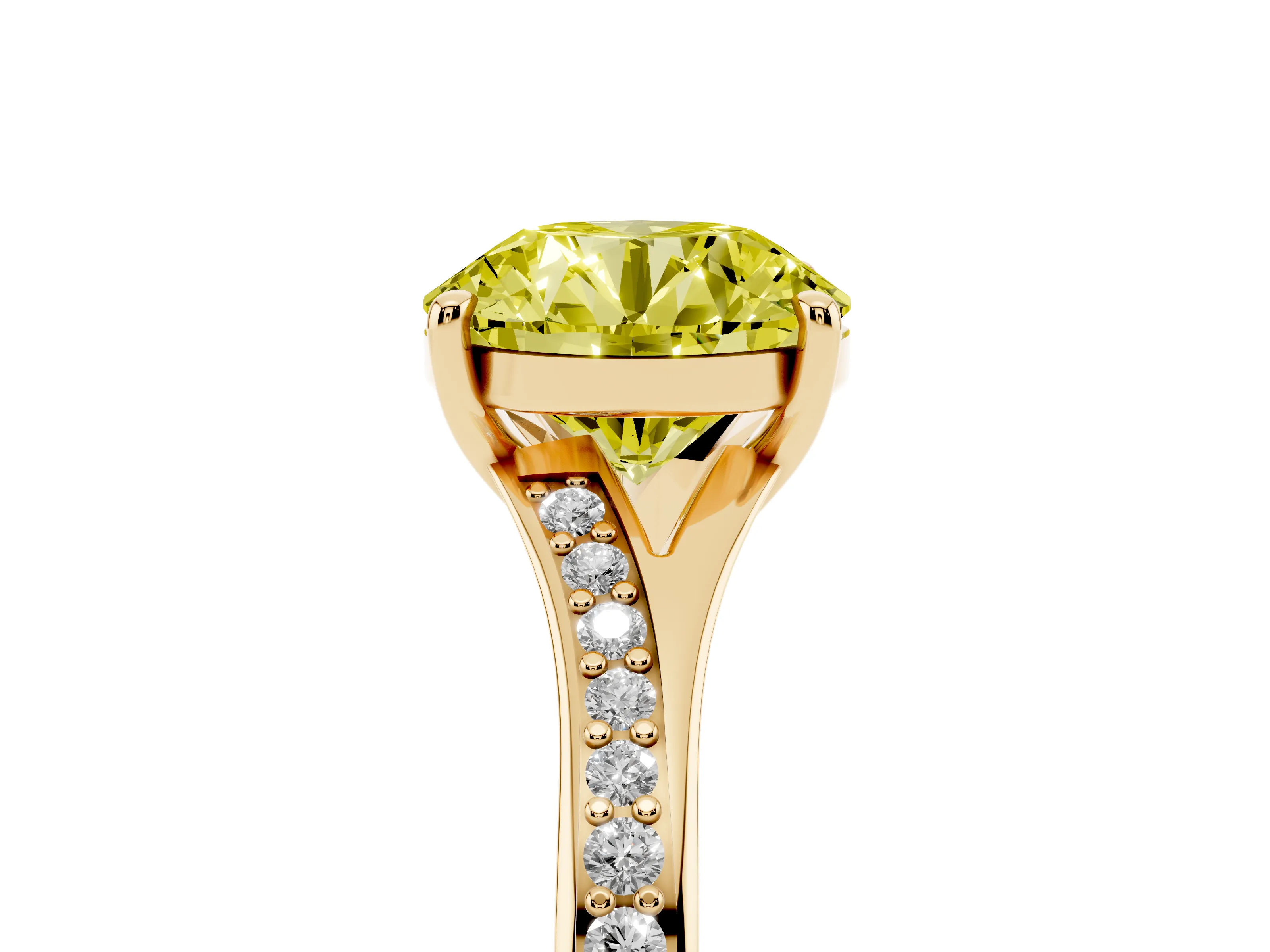 Fancy Yellow Round Cut Diamond Solitaire Ring Set in Yellow gold with Pavé Accent Band and Classic Prong Setting