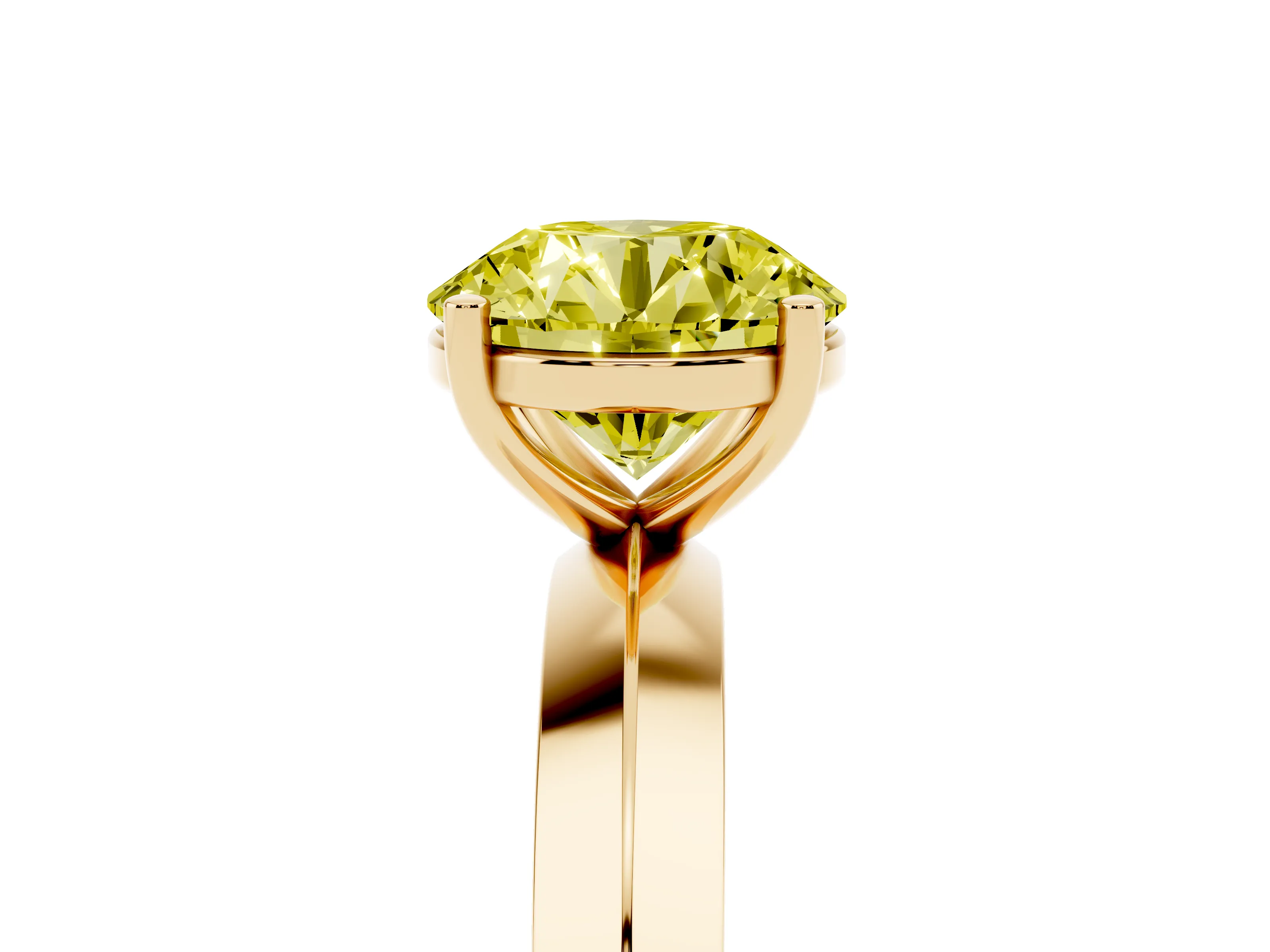 Fancy Yellow Round Cut Diamond Solitaire Engagement Ring Set in Yellow gold with Flat Band and Prong Setting