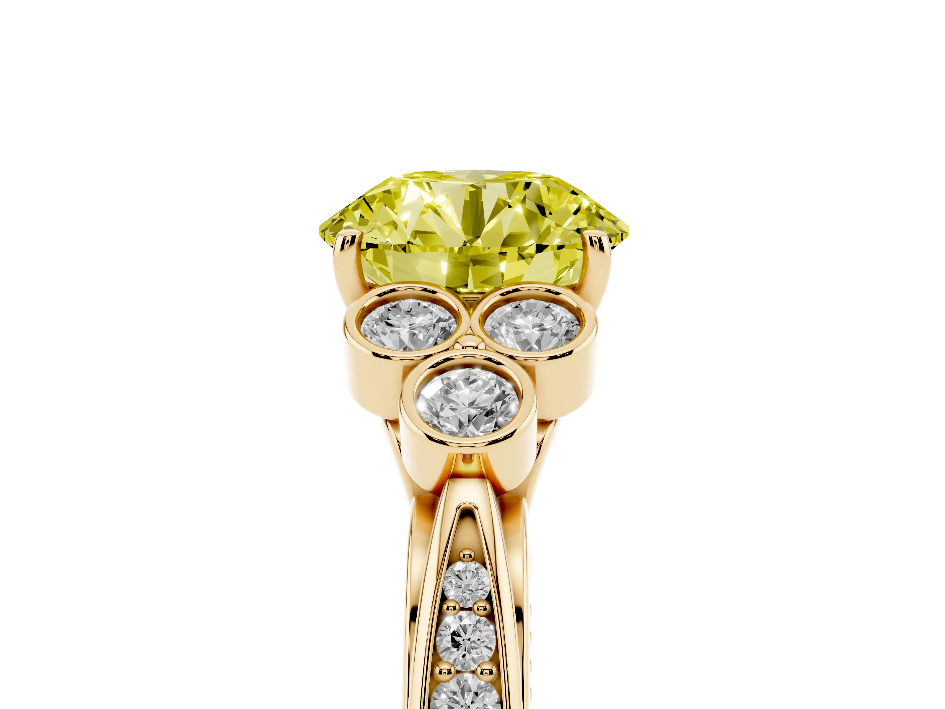 Fancy Yellow Round Cut Diamond Engagement Ring Set in Yellow gold with Bezel Set Round Side Stones and Prong Setting