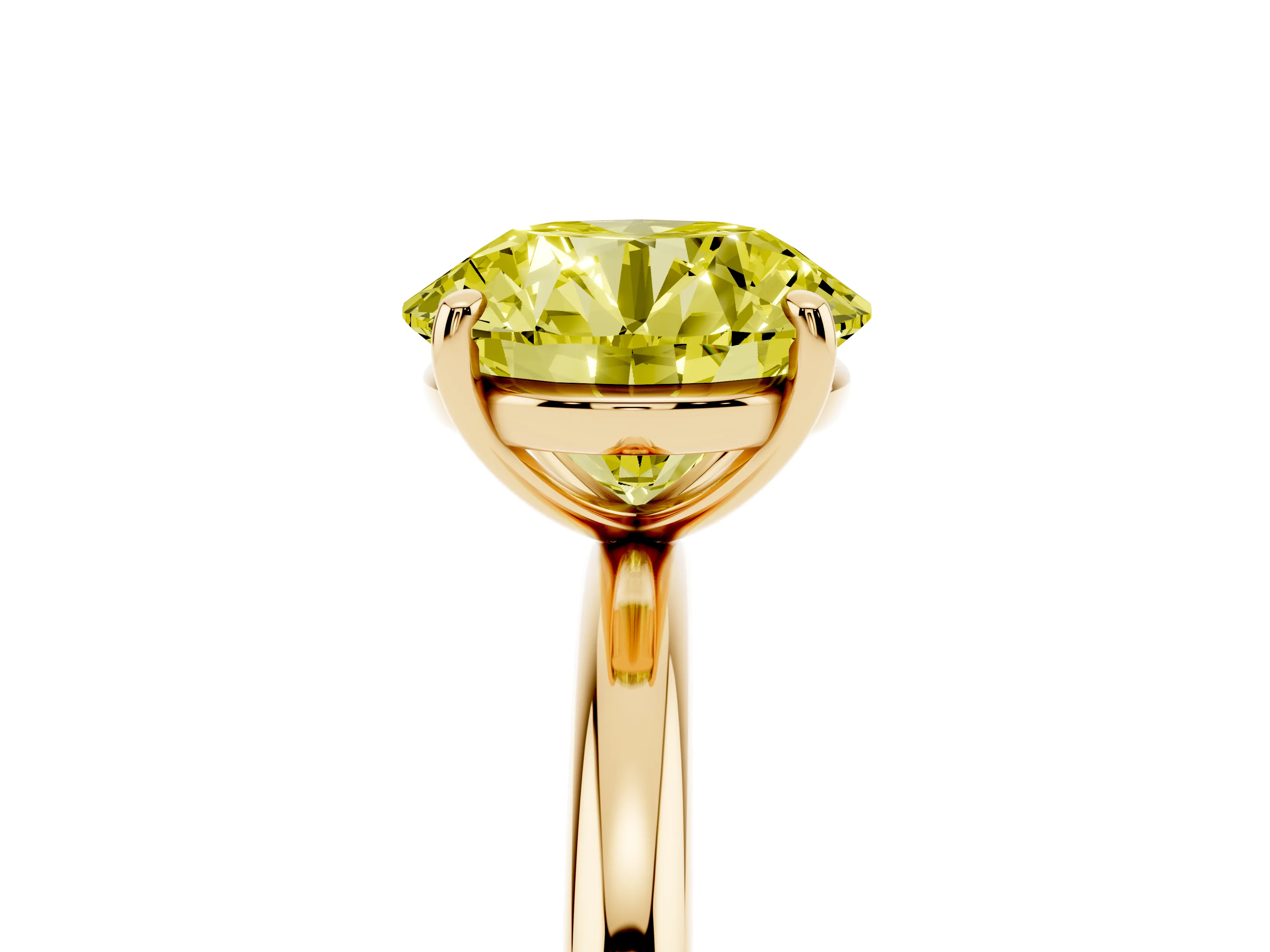 Fancy Yellow Round Cut Diamond Solitaire Ring Set in Yellow gold with Prong Setting on a Polished Plain Band