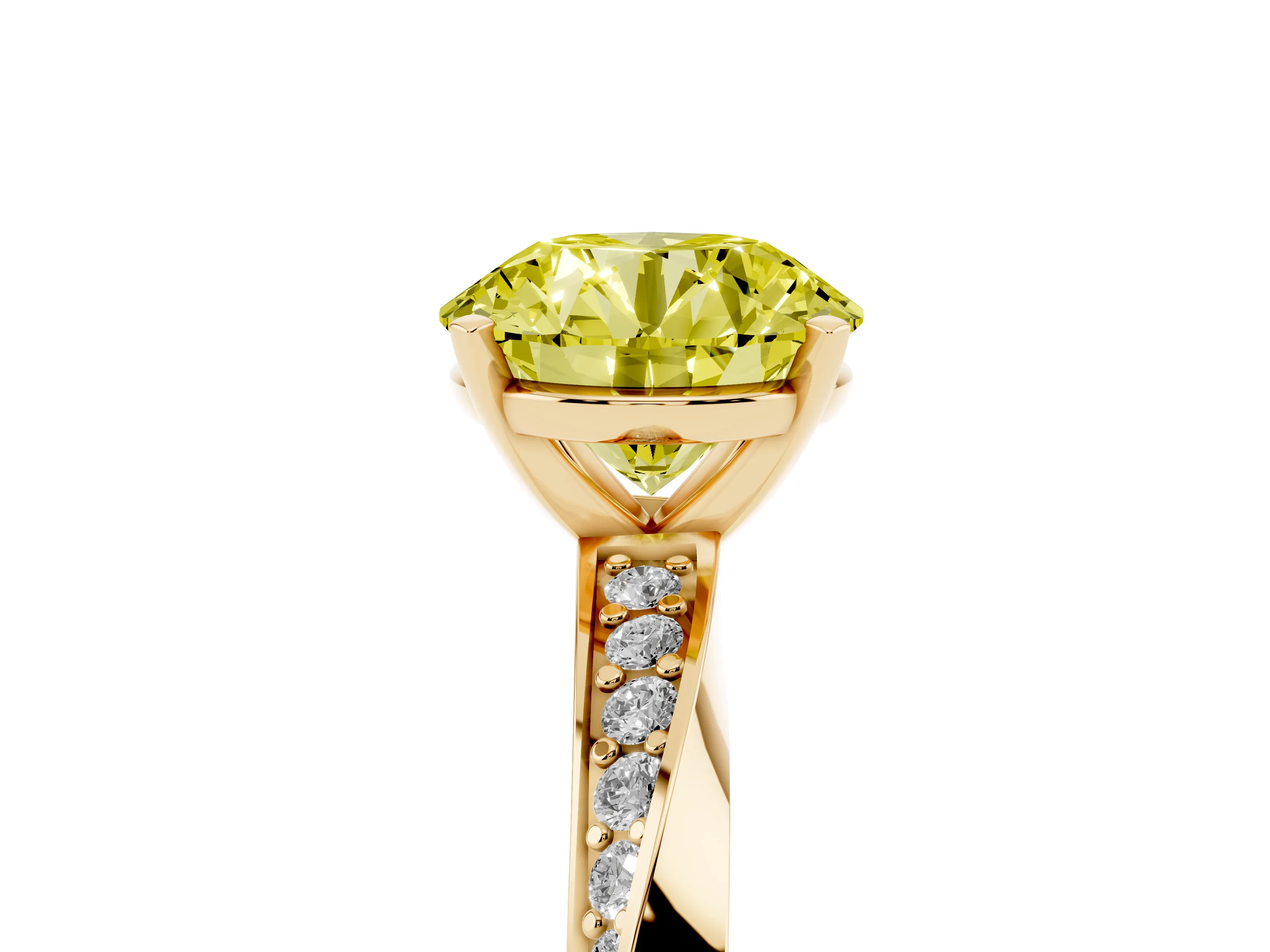 Fancy Yellow Round Cut Diamond Engagement Ring Set in Yellow gold with Side Stone Accents and Prong Setting