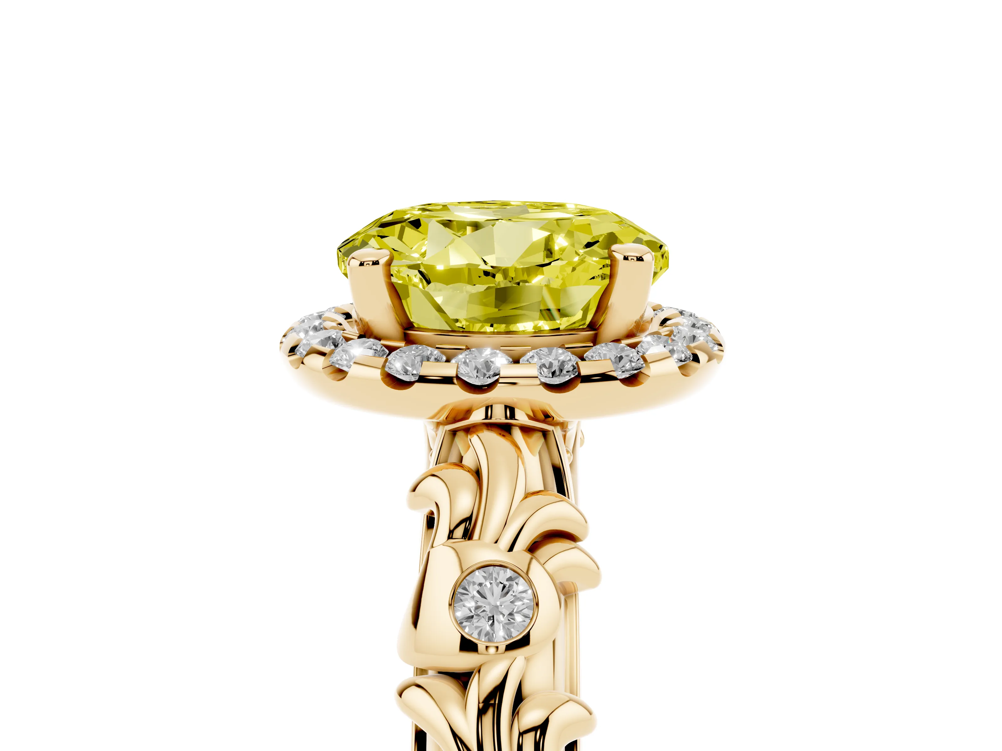 Fancy Yellow Round Cut Diamond Halo Ring Set in Yellow gold with Filigree Leaf Band and Prong Setting