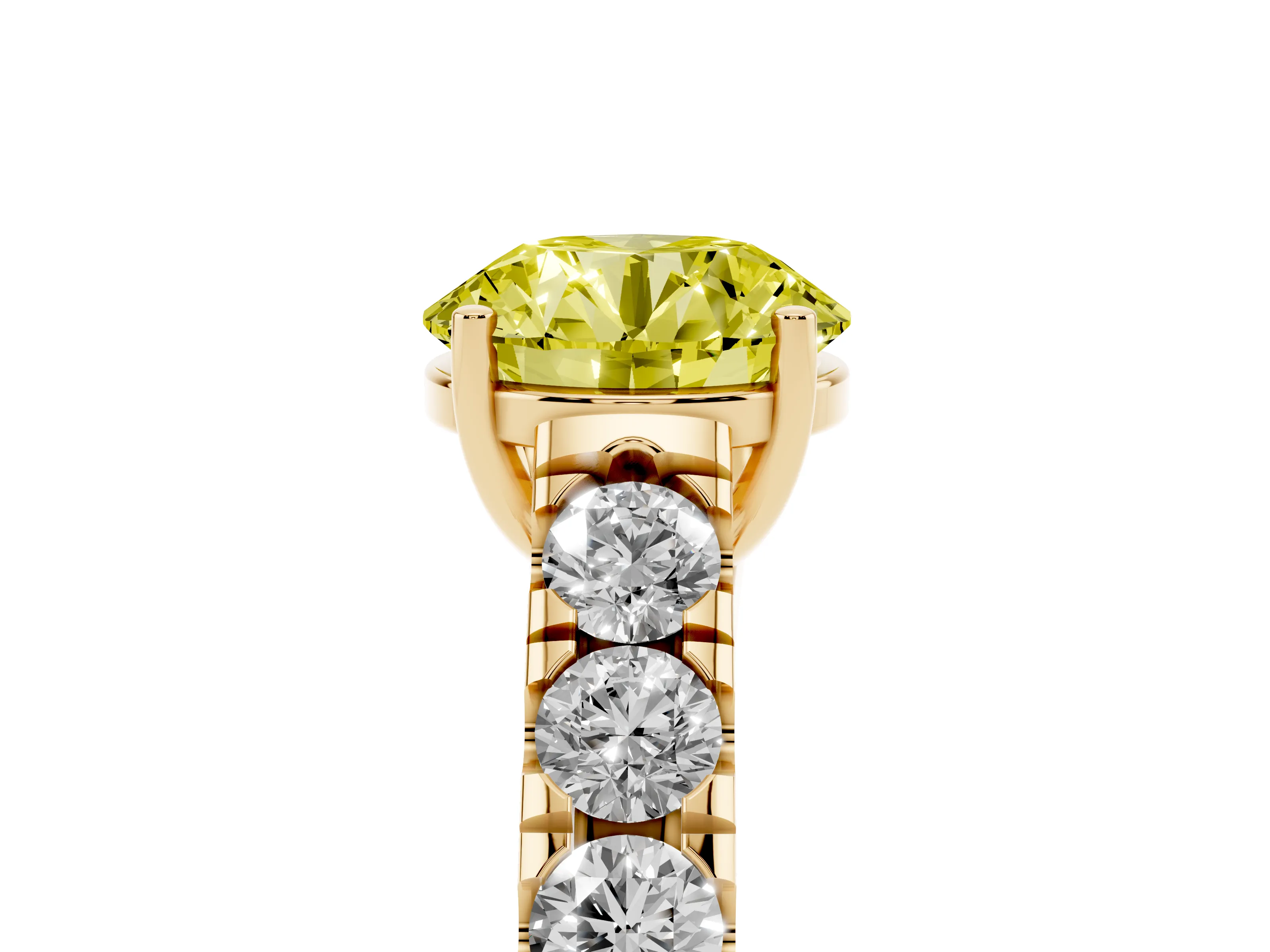 Fancy Yellow Round Cut Diamond Solitaire Ring Set in Yellow gold with Cut-Down Micro Pavé Band and Prong Setting