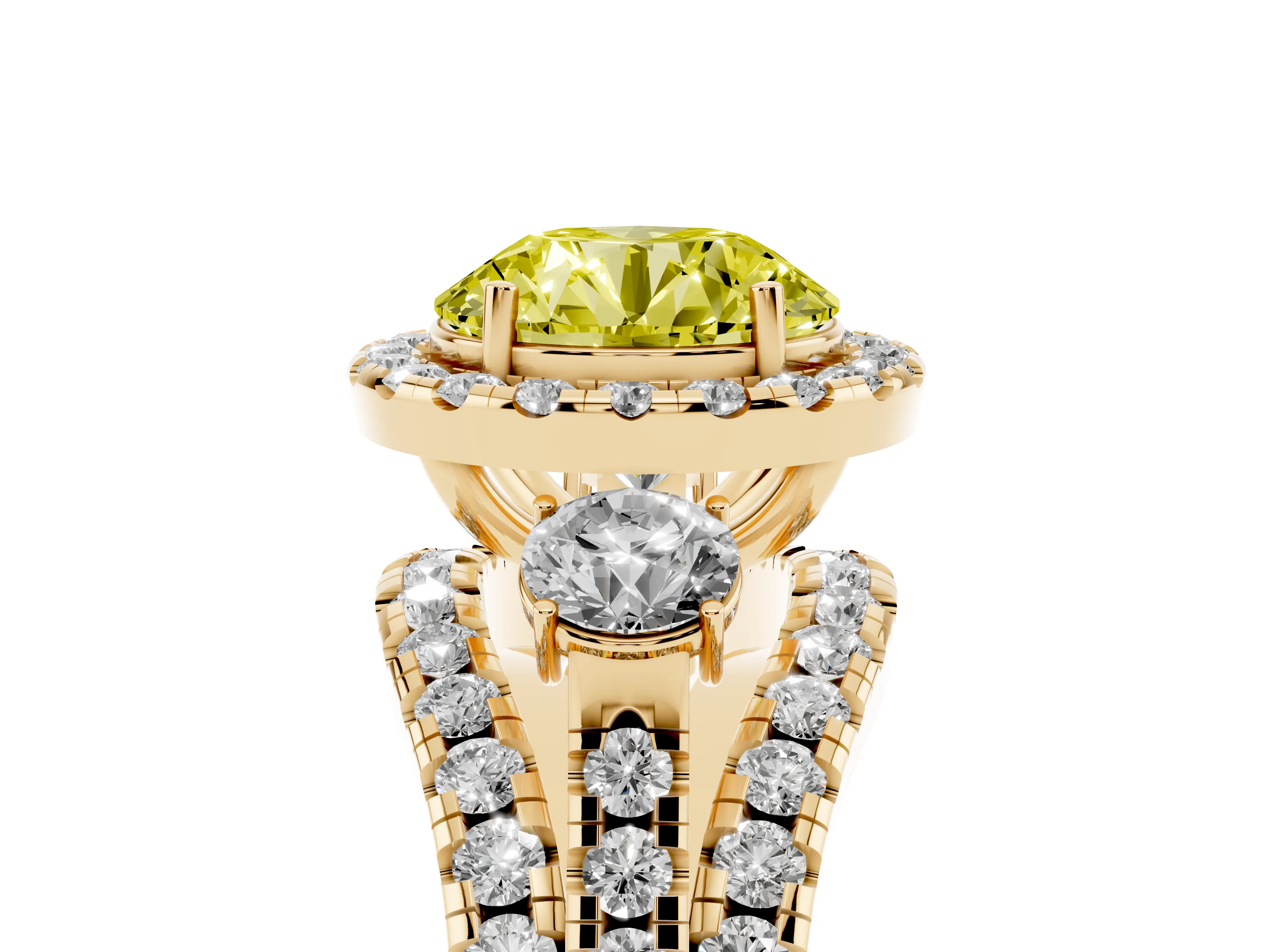 Fancy Yellow Round Cut Diamond Halo Split Shank Ring Set in Yellow gold with Round Accent Stones and Prong Setting
