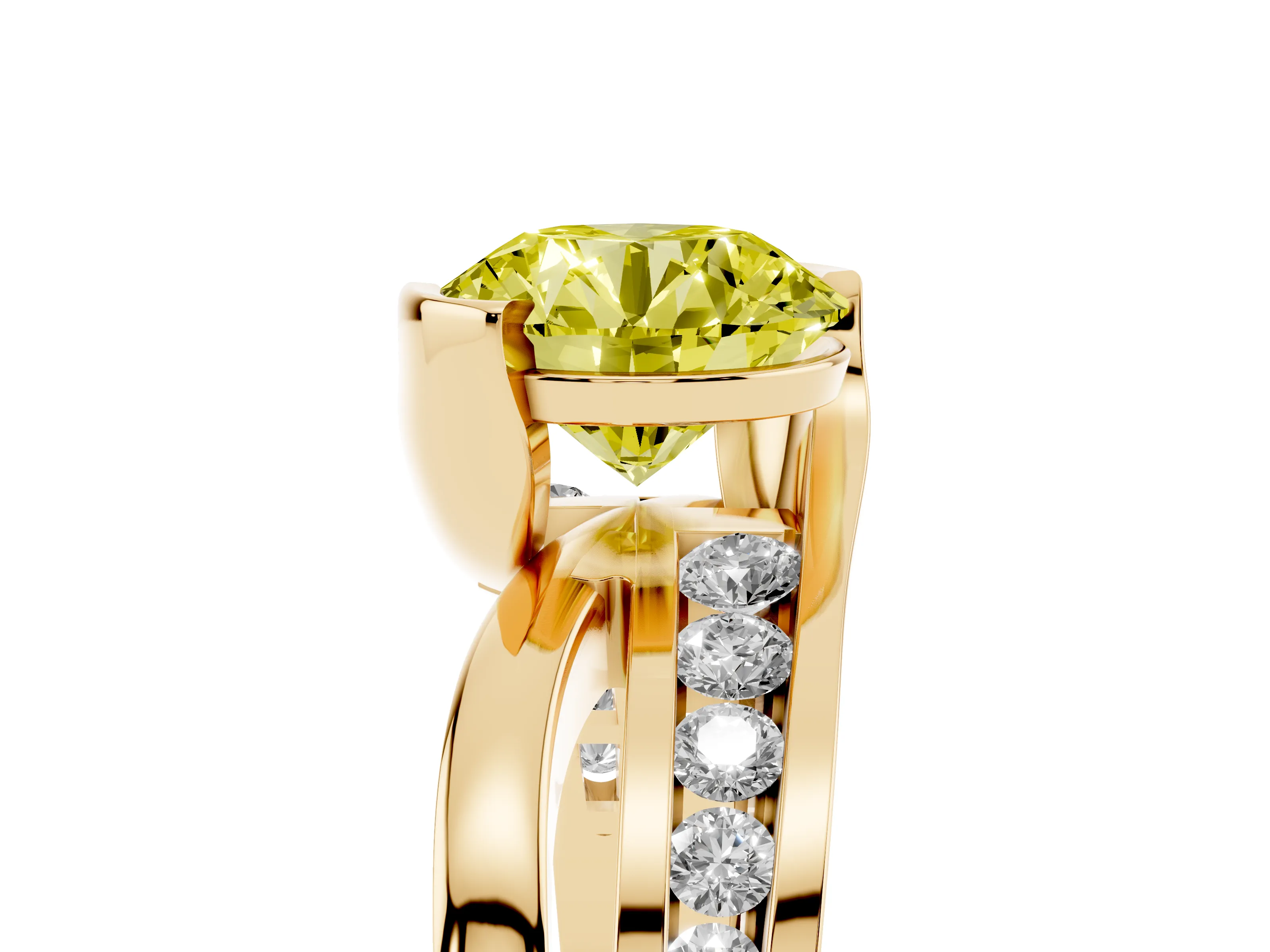 Fancy Yellow Round Cut Diamond Solitaire Ring Set in Yellow gold with Channel Set Split Shank and Tension Prongs