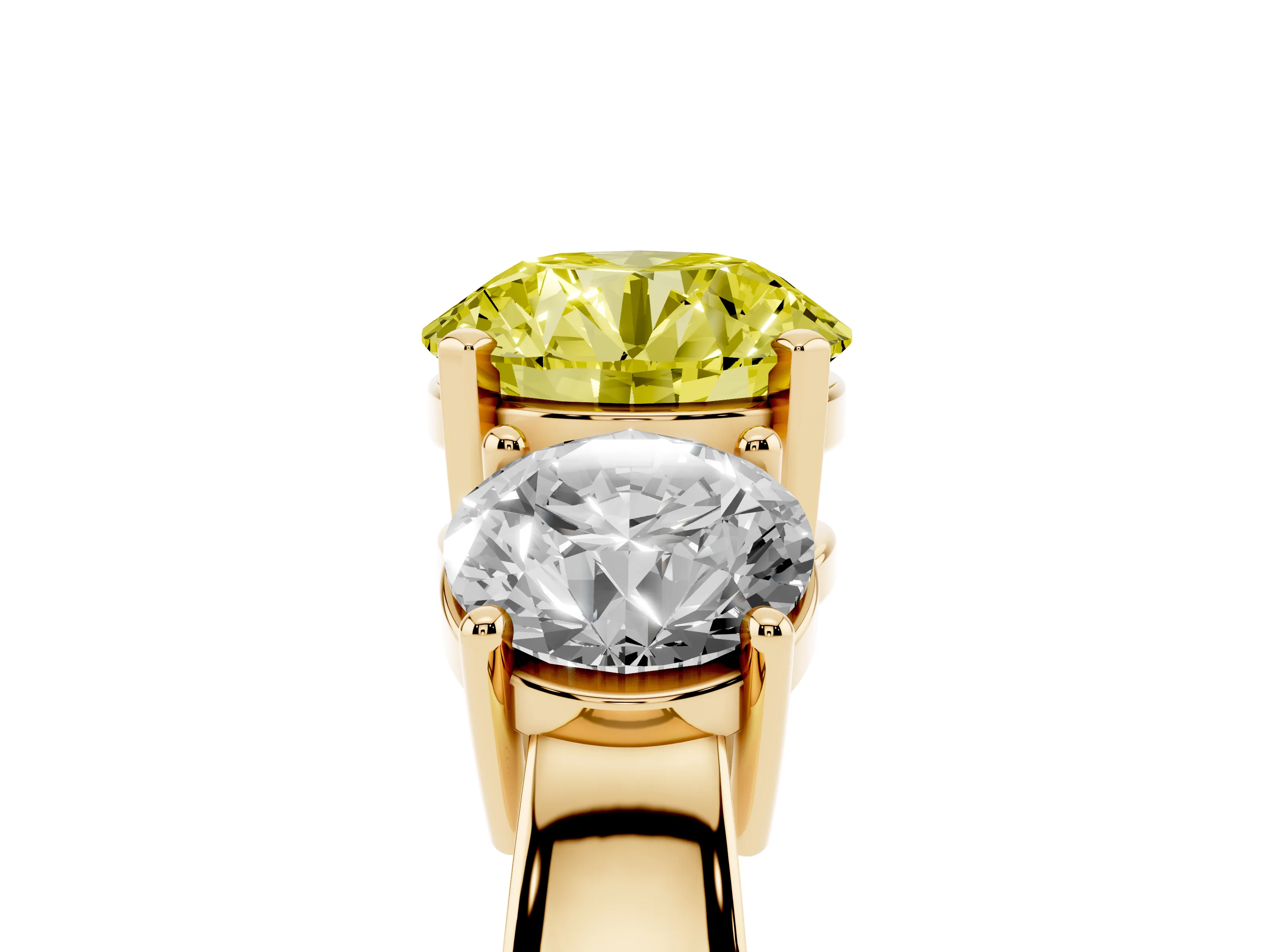 Fancy Yellow Round Cut Diamond Three-Stone Ring Set in Yellow gold with Round Side Stones and Classic Band