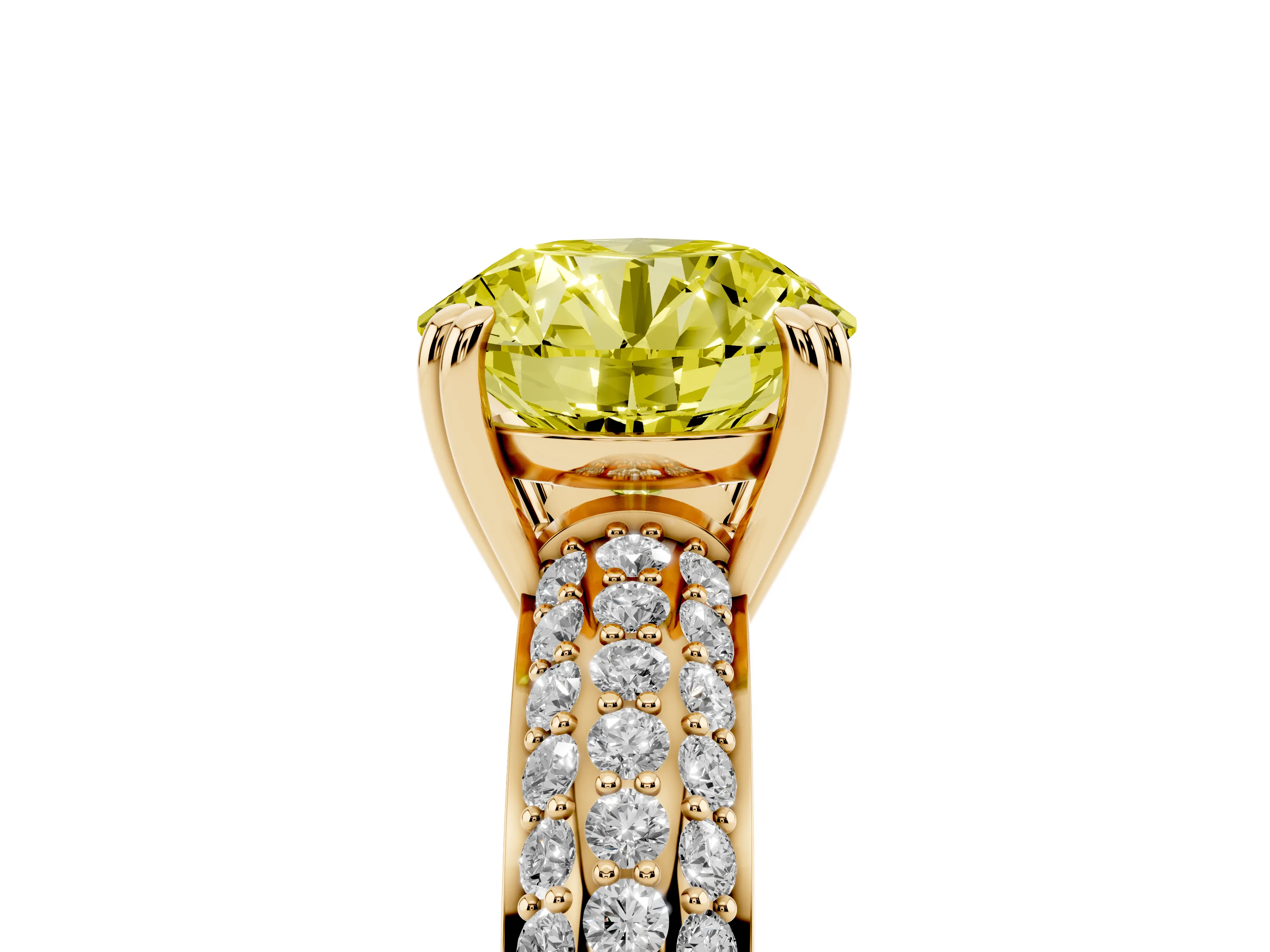 Fancy Yellow Round Cut Diamond Solitaire Ring Set in Yellow gold with Multi-Row Round Pavé Band and Prong Setting
