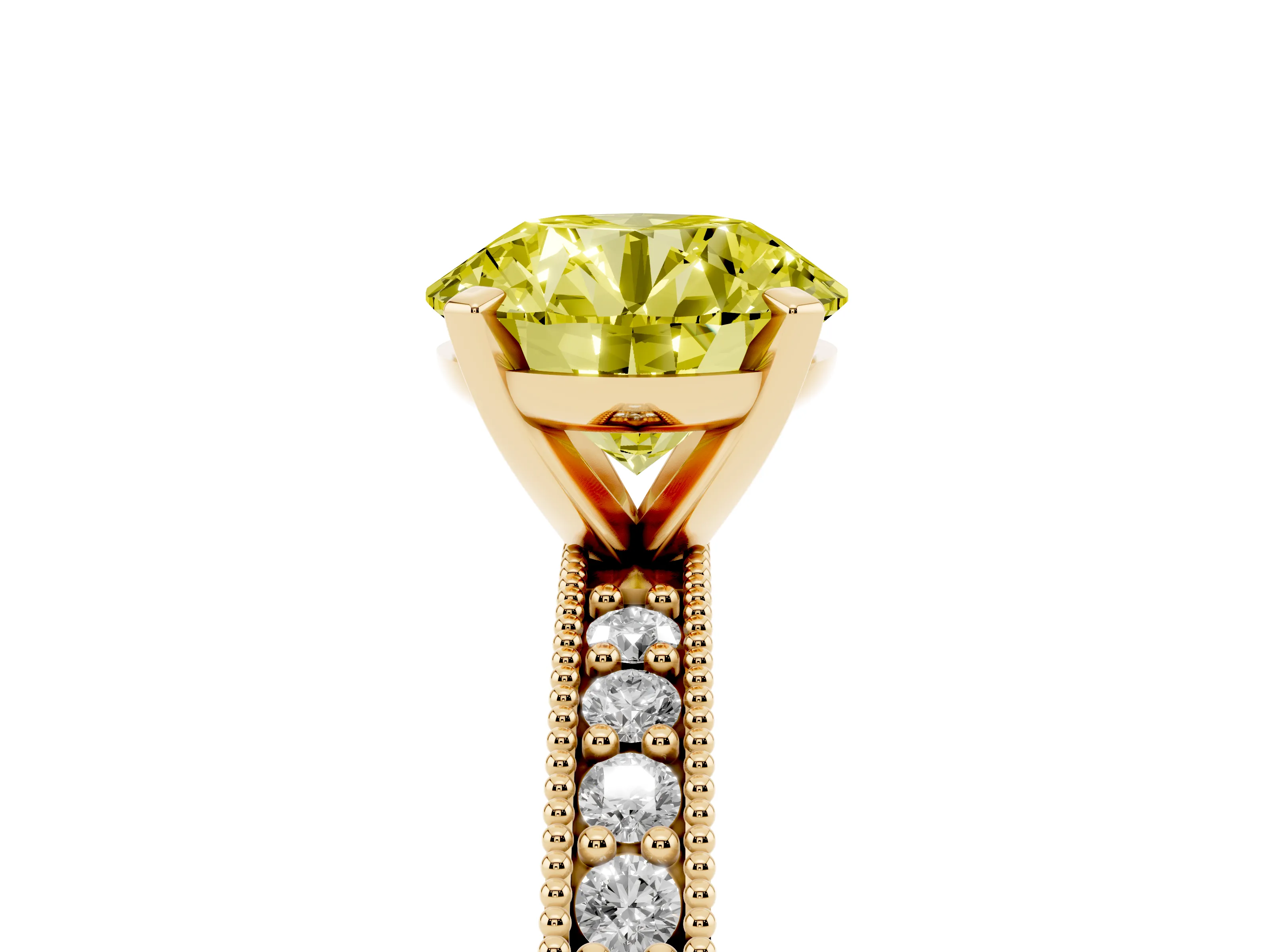 Fancy Yellow Round Cut Diamond Milgrain Pavé Engagement Ring Set in Yellow gold with Prong Setting