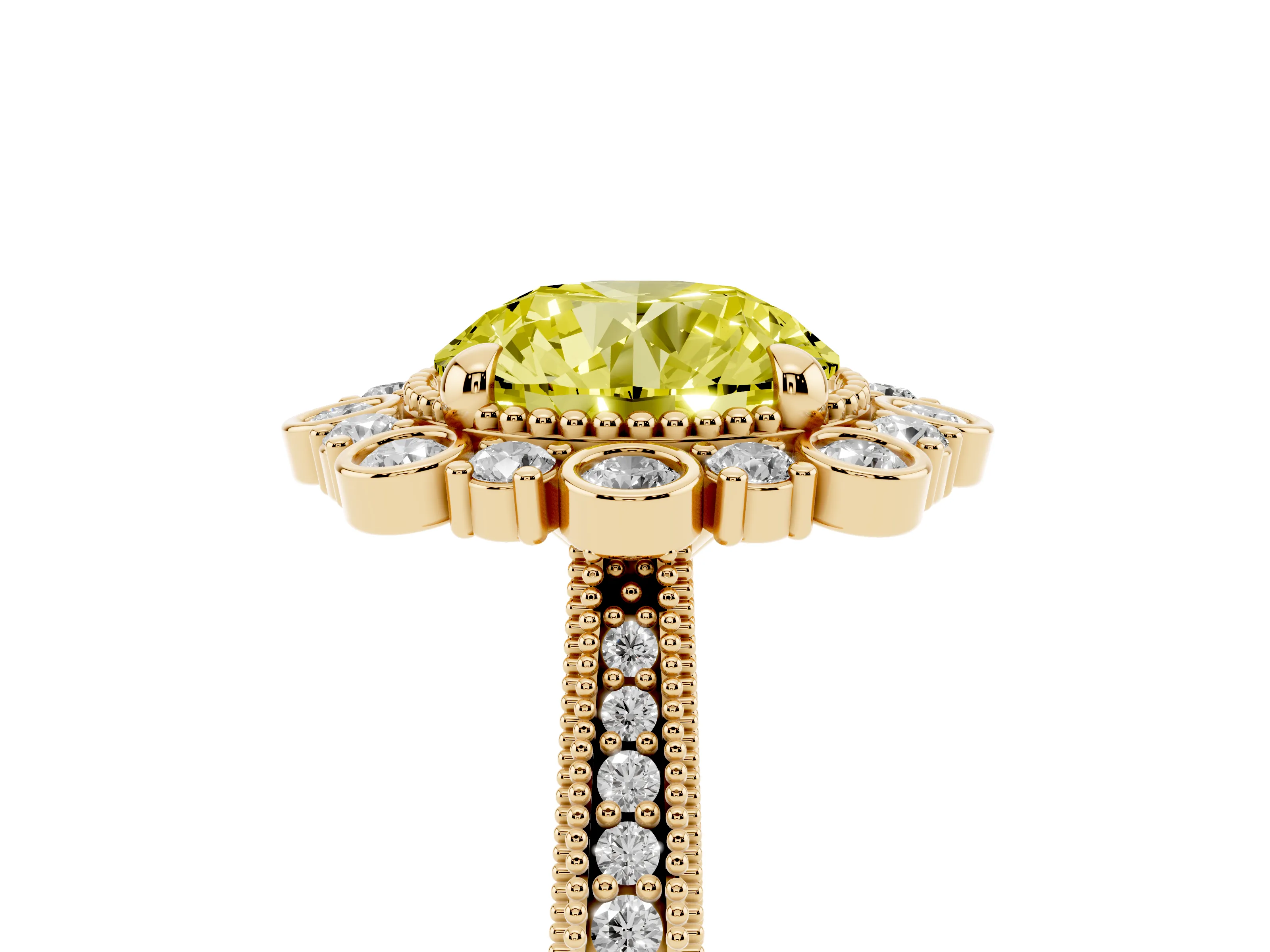 Fancy Yellow Round Cut Diamond Halo Milgrain Pavé Ring Set in Yellow gold with Prong Setting