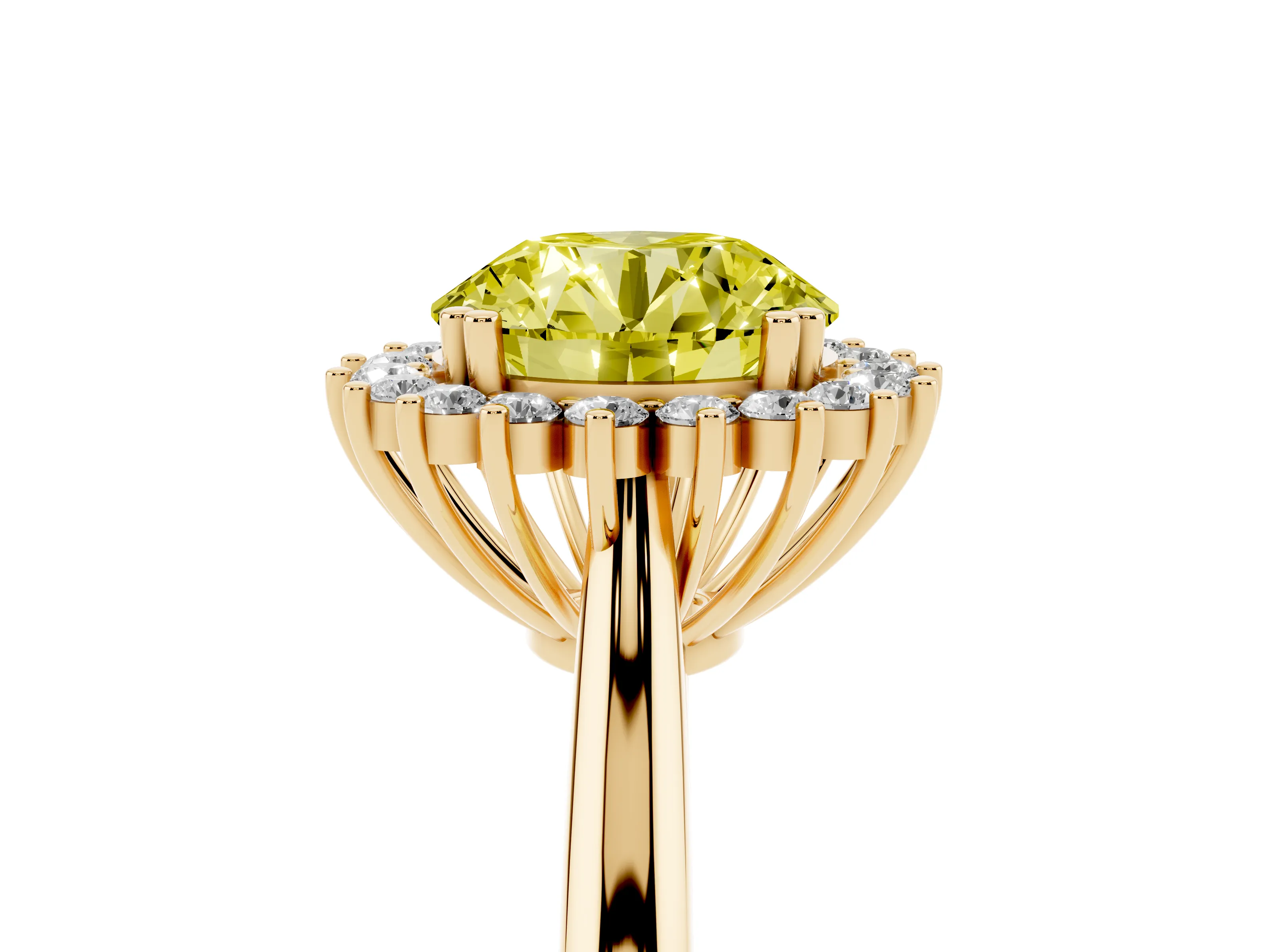 Fancy Yellow Round Cut Diamond Halo Ring Set in Yellow gold with Plain Solitaire Band and Prong Setting