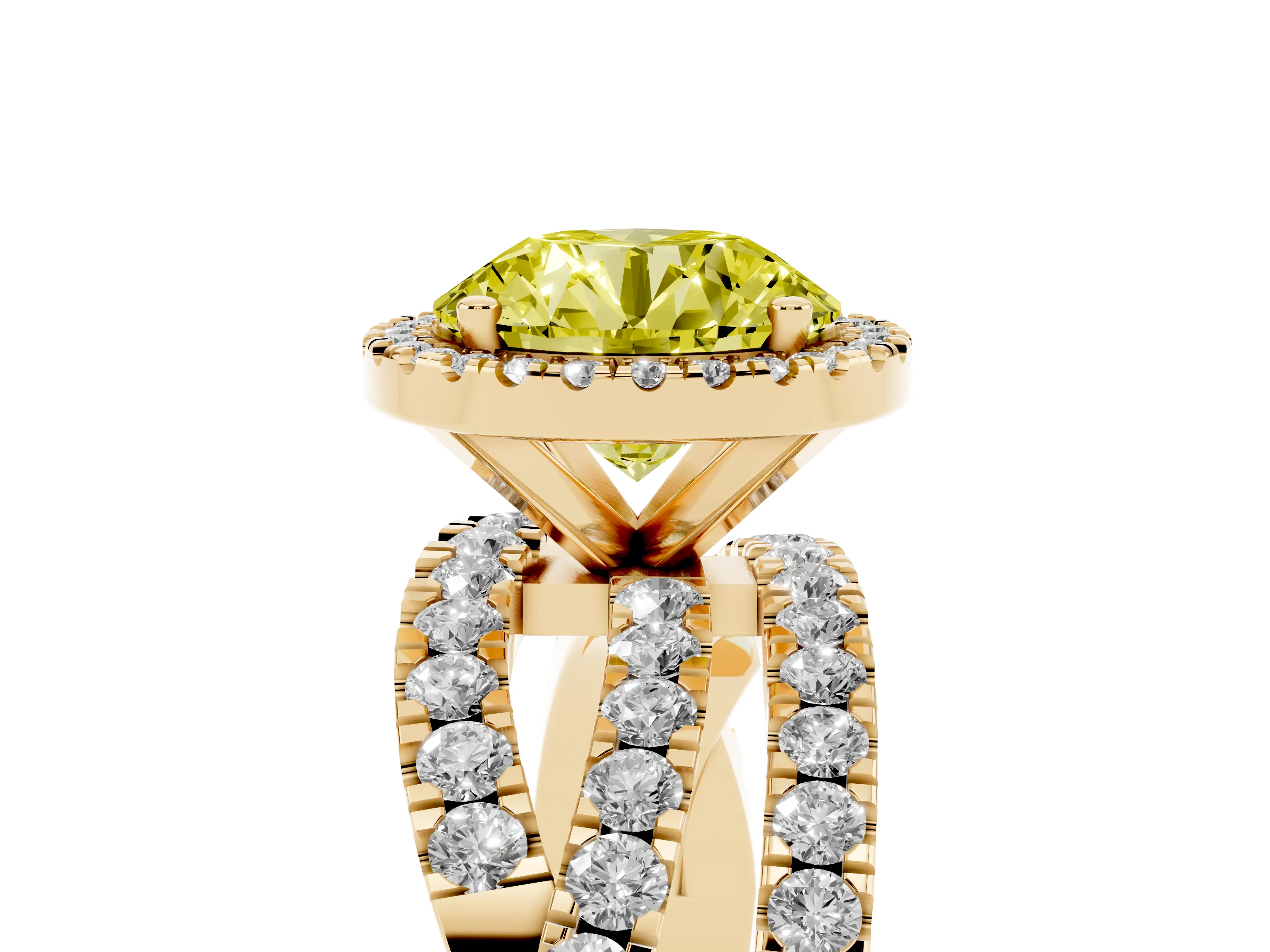Fancy Yellow Round Cut Diamond Halo Ring Set in Yellow gold with Round Crossover Split Shank and Prong Setting