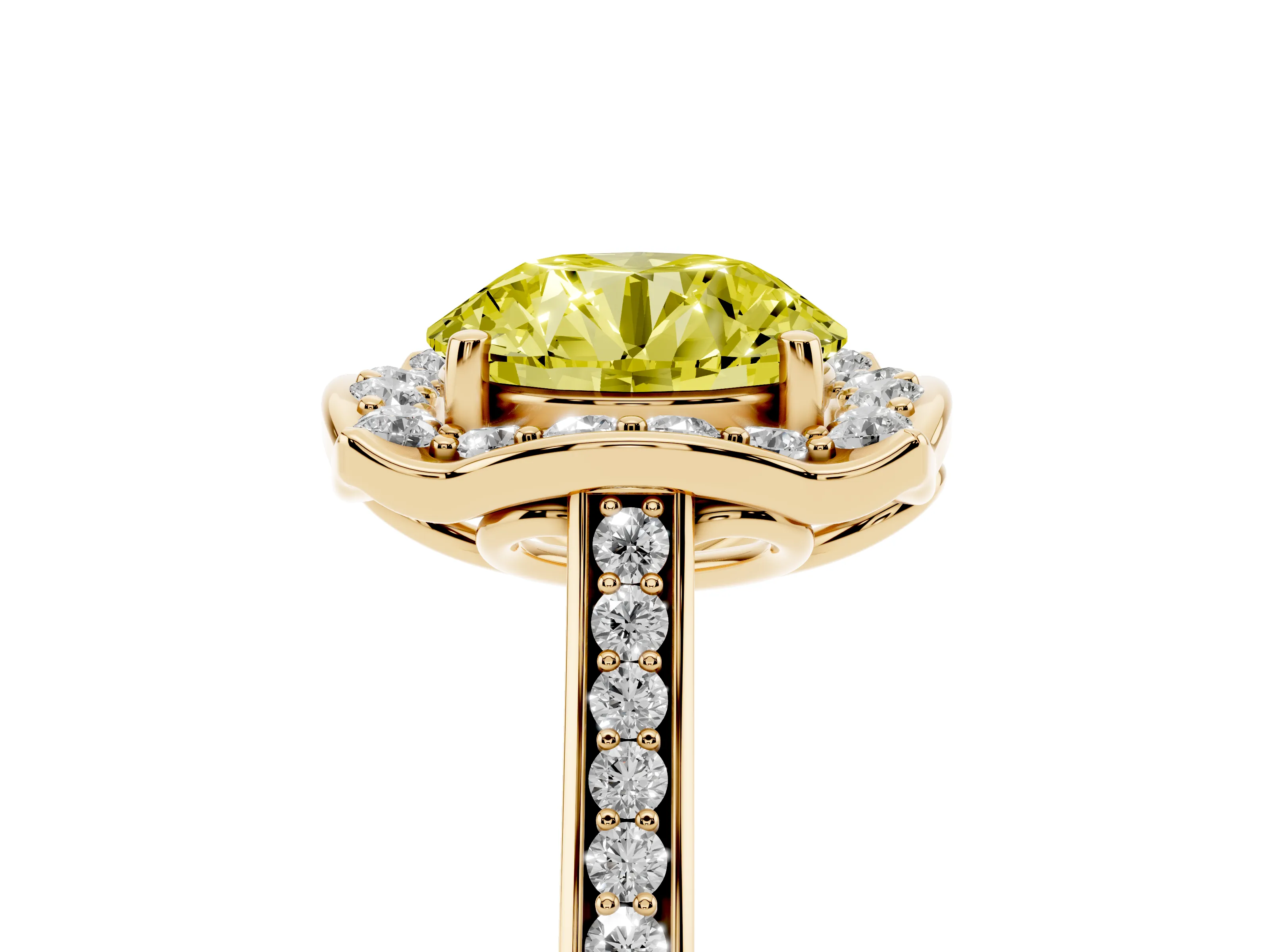 Fancy Yellow Round Cut Diamond Halo Ring Set in Yellow gold with Pavé-Lined Shoulders and Prong Setting