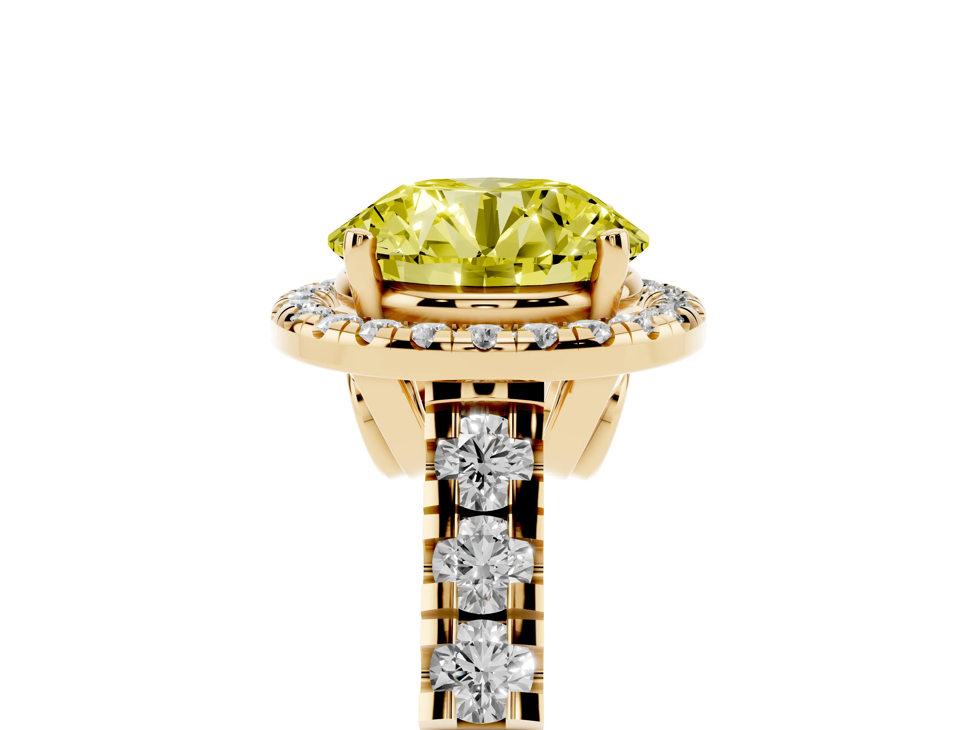 Fancy Yellow Round Cut Diamond Halo Engagement Ring Set in Yellow gold with Pavé Band and Prong-Set Center