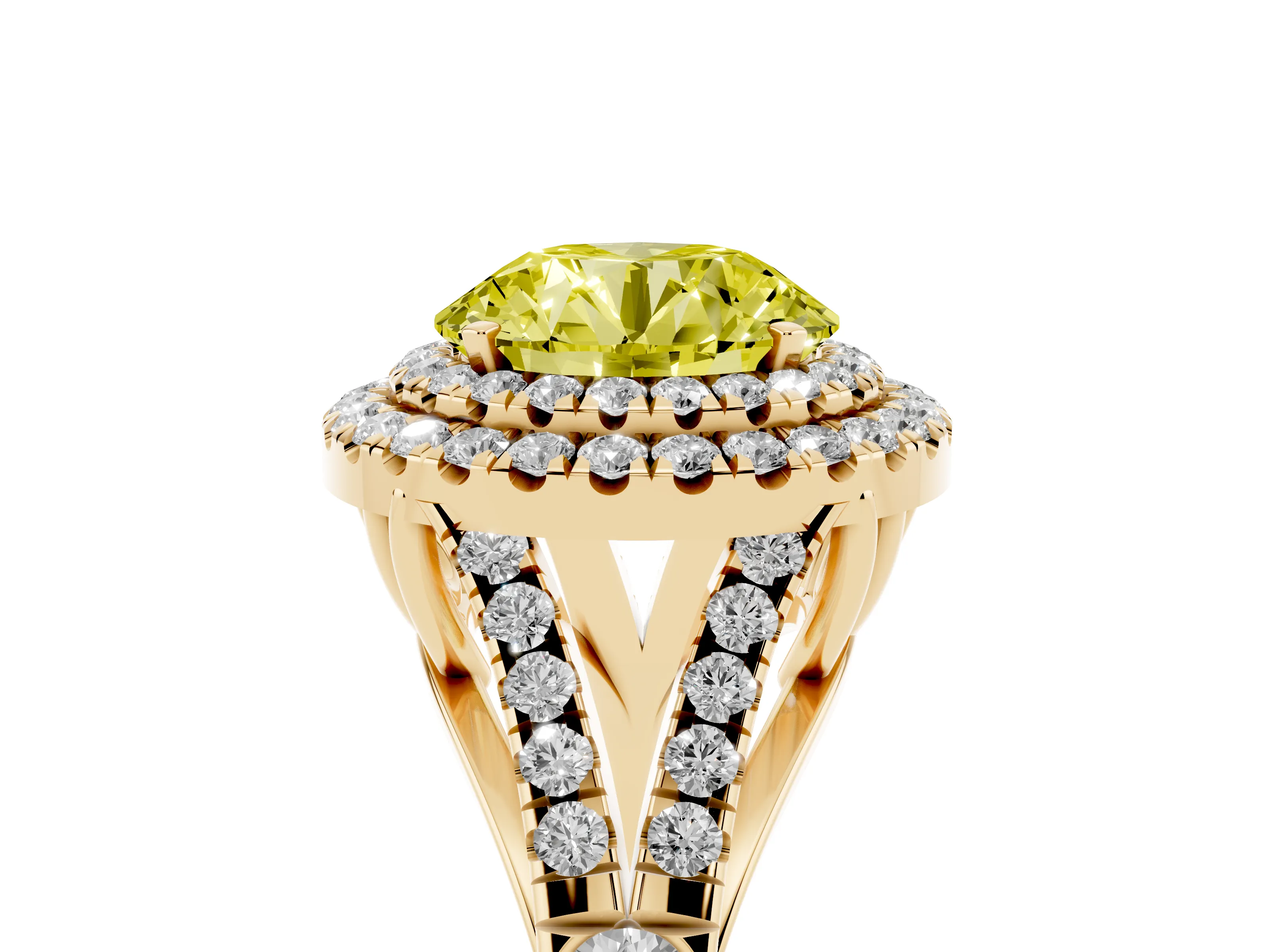 Fancy Yellow Round Cut Diamond Pavé Split Shank Double Halo Engagement Ring Set in Yellow gold