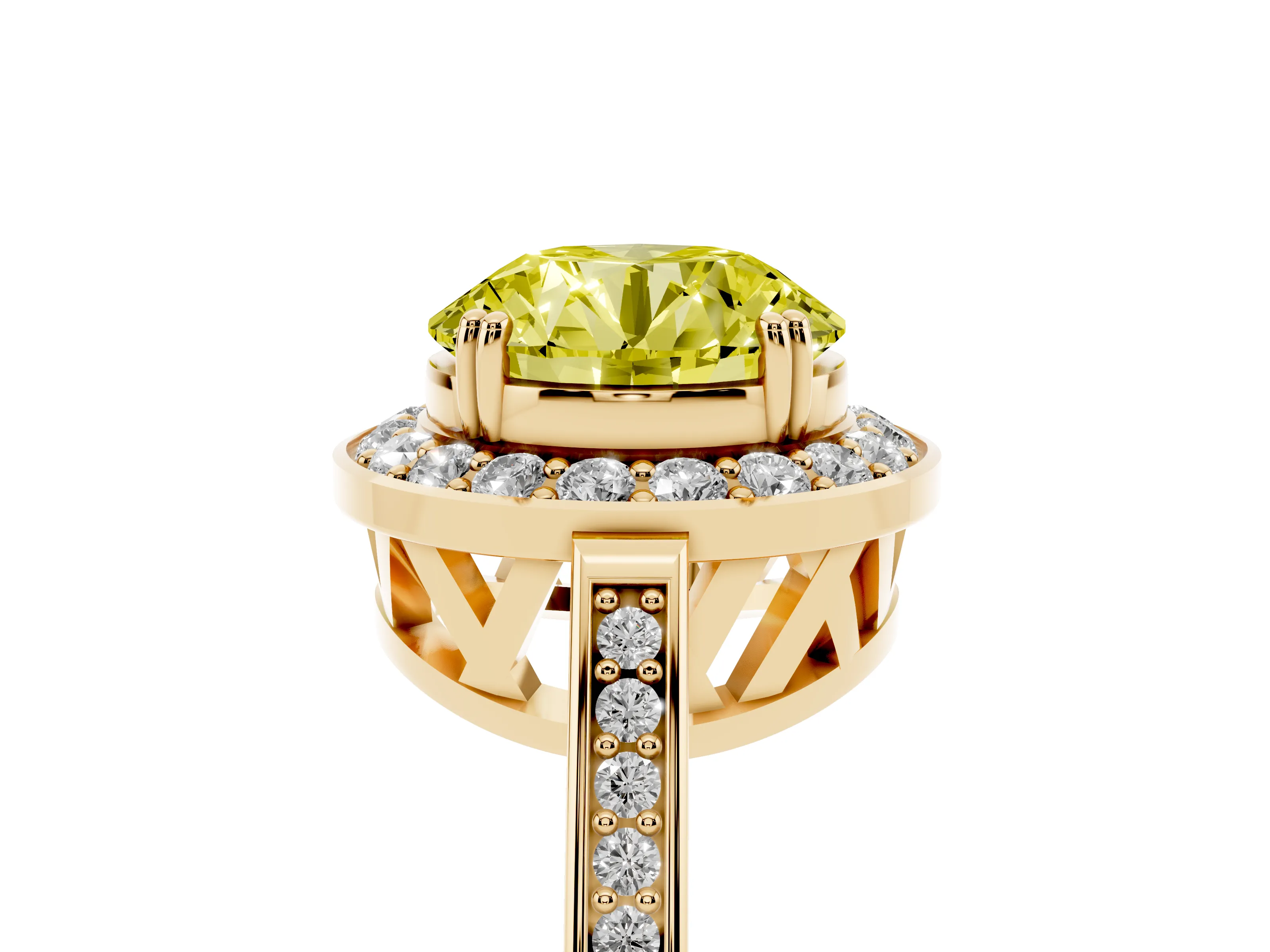 Fancy Yellow Round Cut Diamond Halo Ring Set in Yellow gold with Accent-Lined Split Shank and Prong Setting