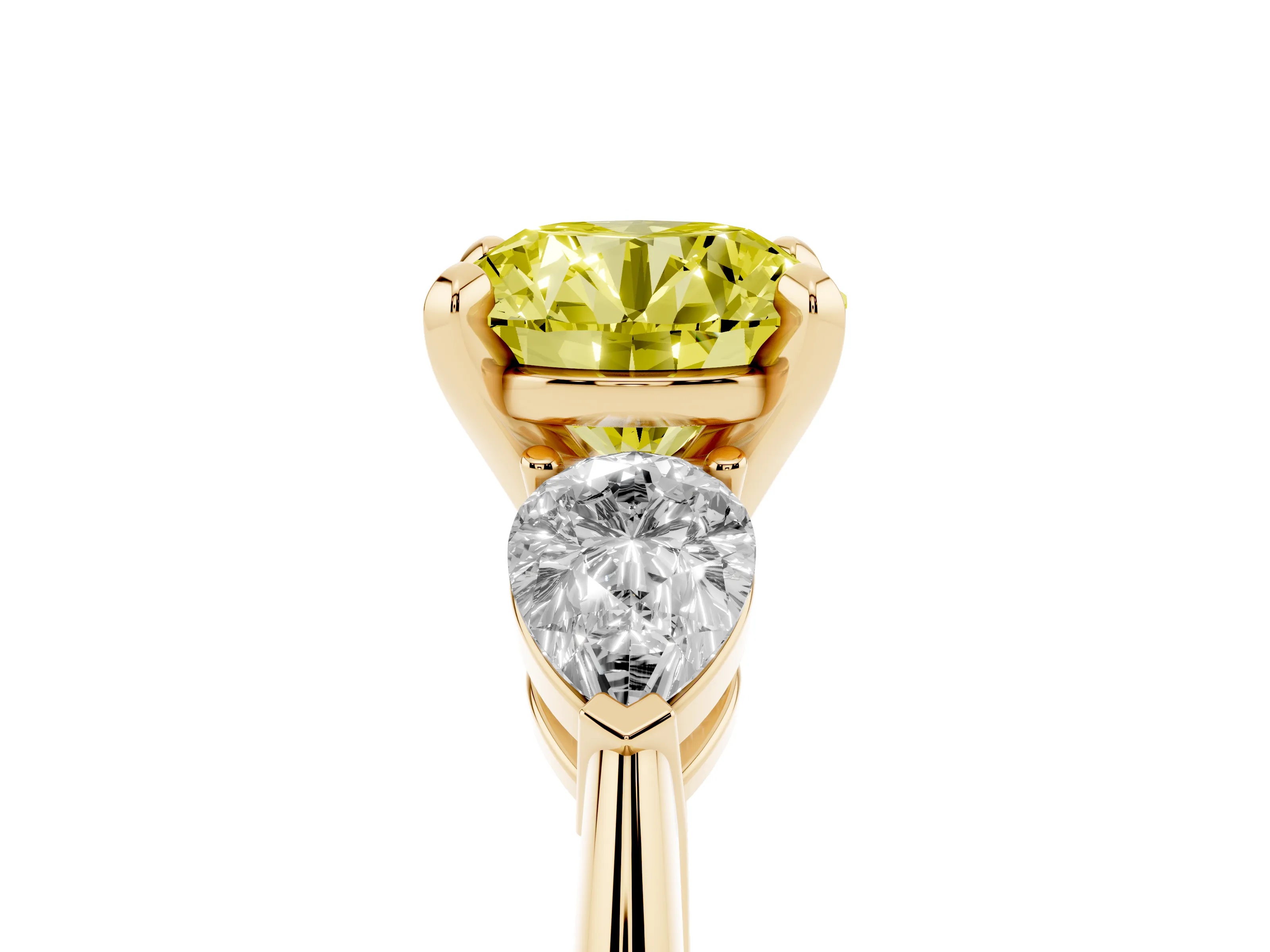 Fancy Yellow Three-Stone Round Cut Diamond Ring Set in Yellow gold with Pear Side Stones and Prong Setting