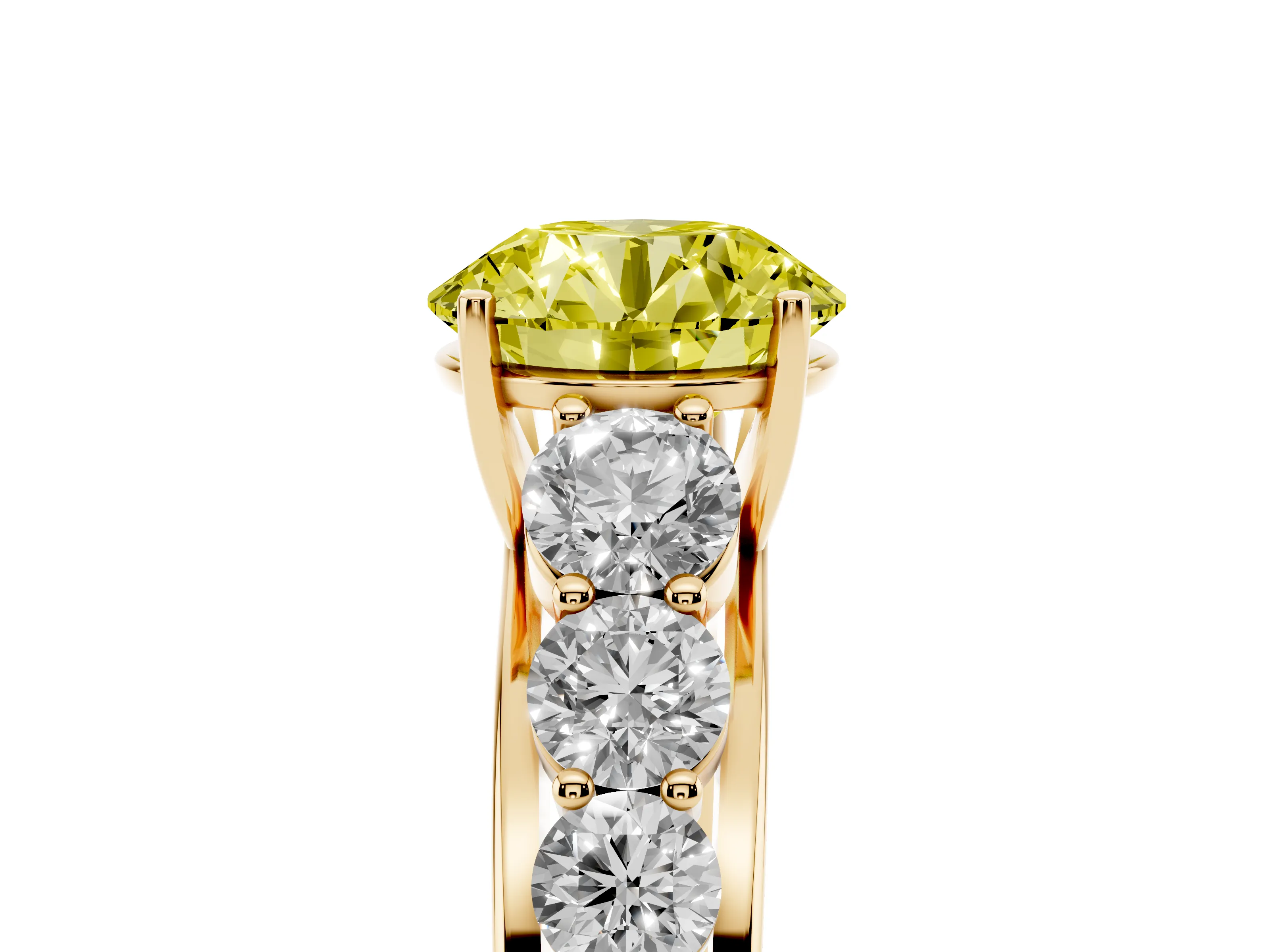 Fancy Yellow Round Cut Diamond Solitaire Ring Set in Yellow gold with Pavé-Set Band and Prong Setting