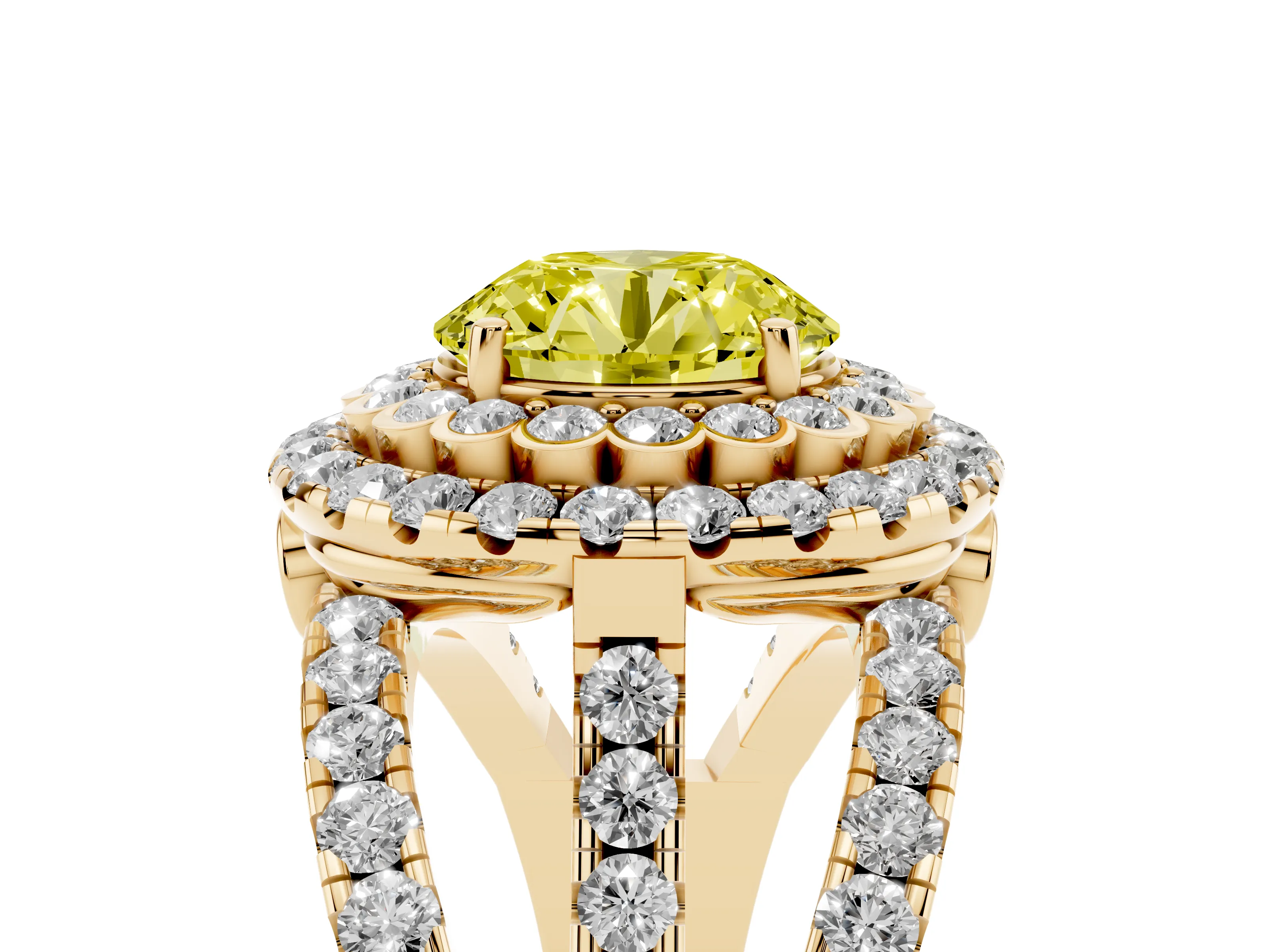 Fancy Yellow Round Cut Diamond Double Halo Ring Set in Yellow gold with Round Pavé Split Shank