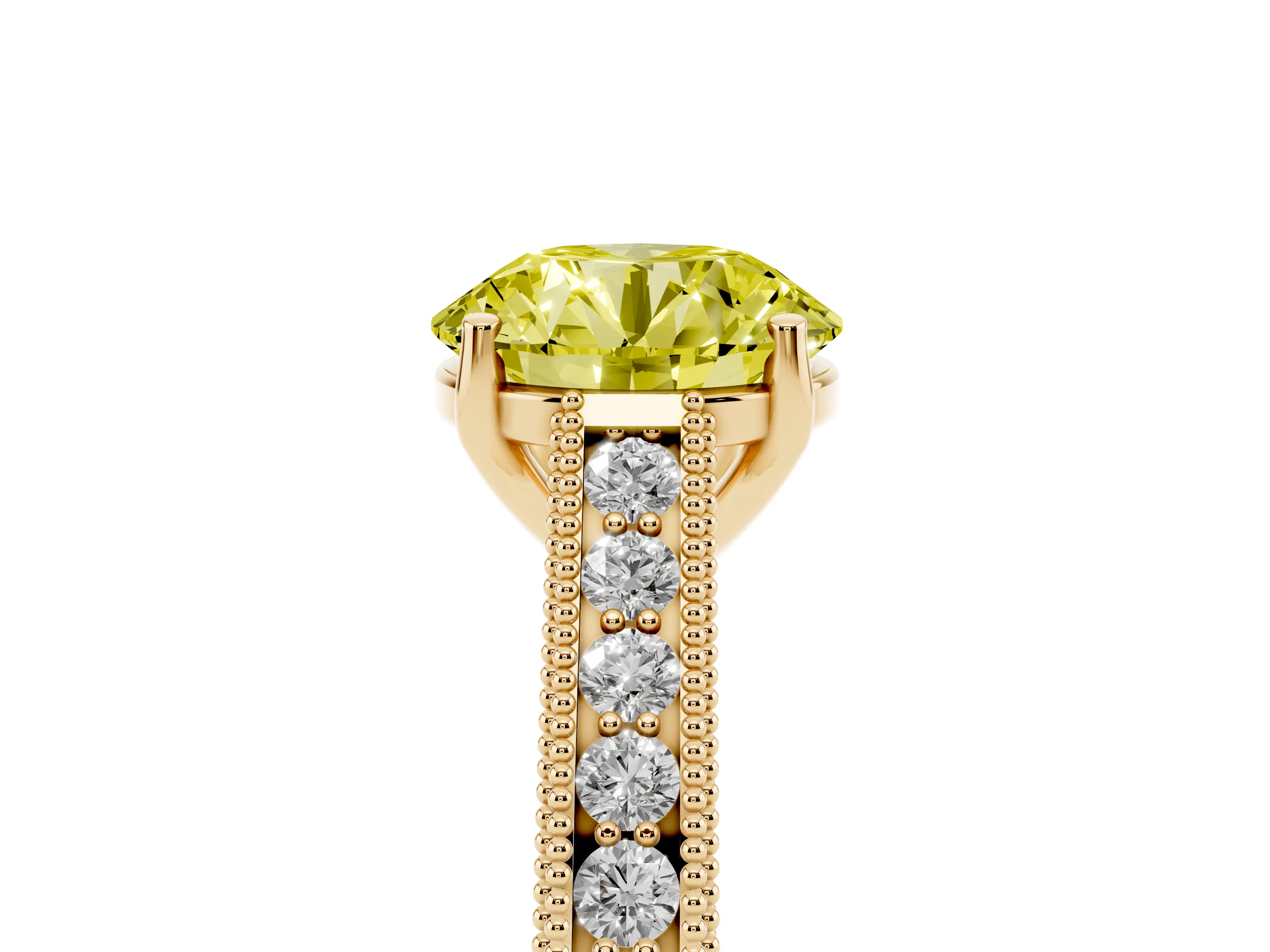 Fancy Yellow Round Cut Diamond Milgrain Pavé Band Solitaire Ring Set in Yellow gold with Prong Setting