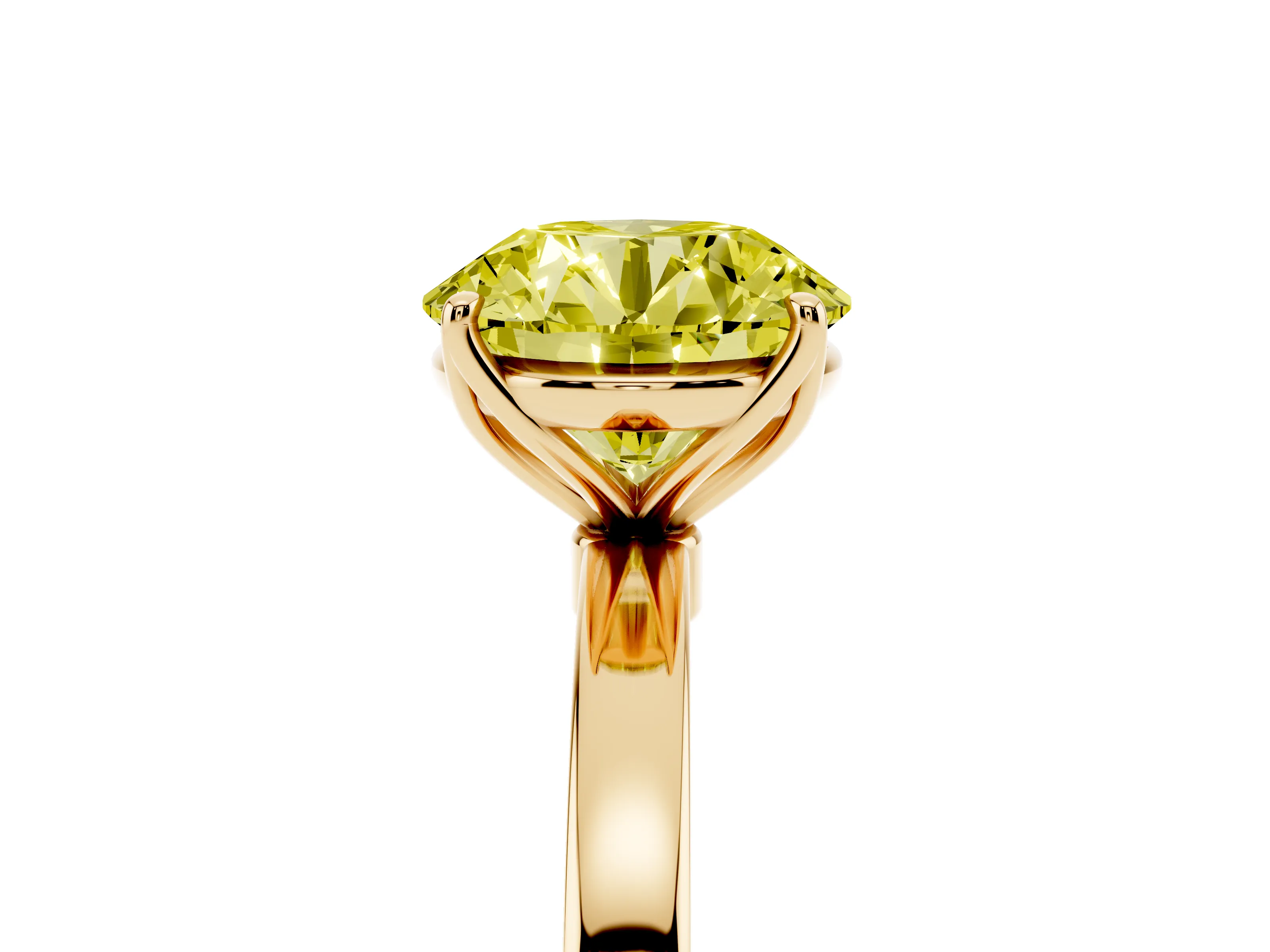 Fancy Yellow Round Cut Diamond Solitaire Ring Set in Yellow gold with Prong Setting and Thin Polished Band