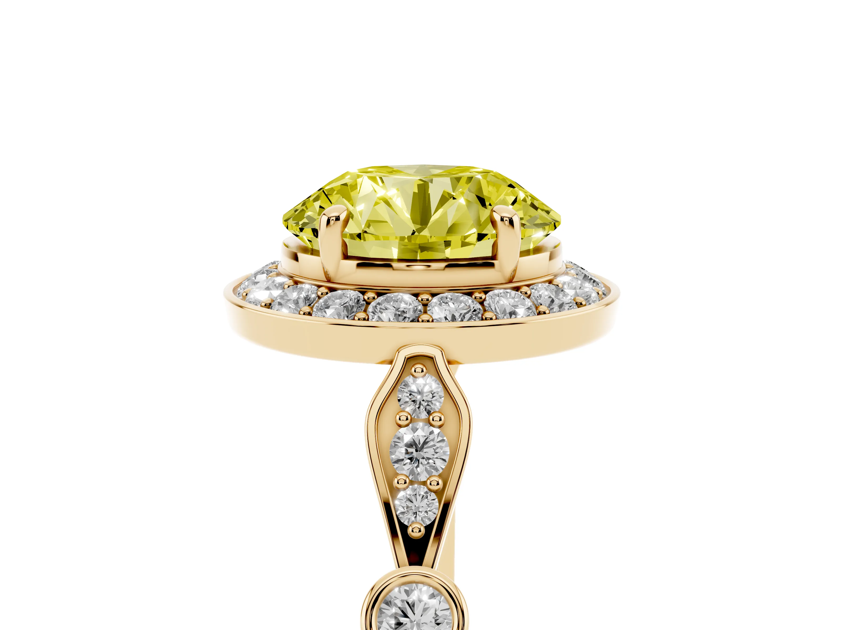 Fancy Yellow Round Cut Diamond Halo Engagement Ring Set in Yellow gold with Twisted Band and Prong Setting