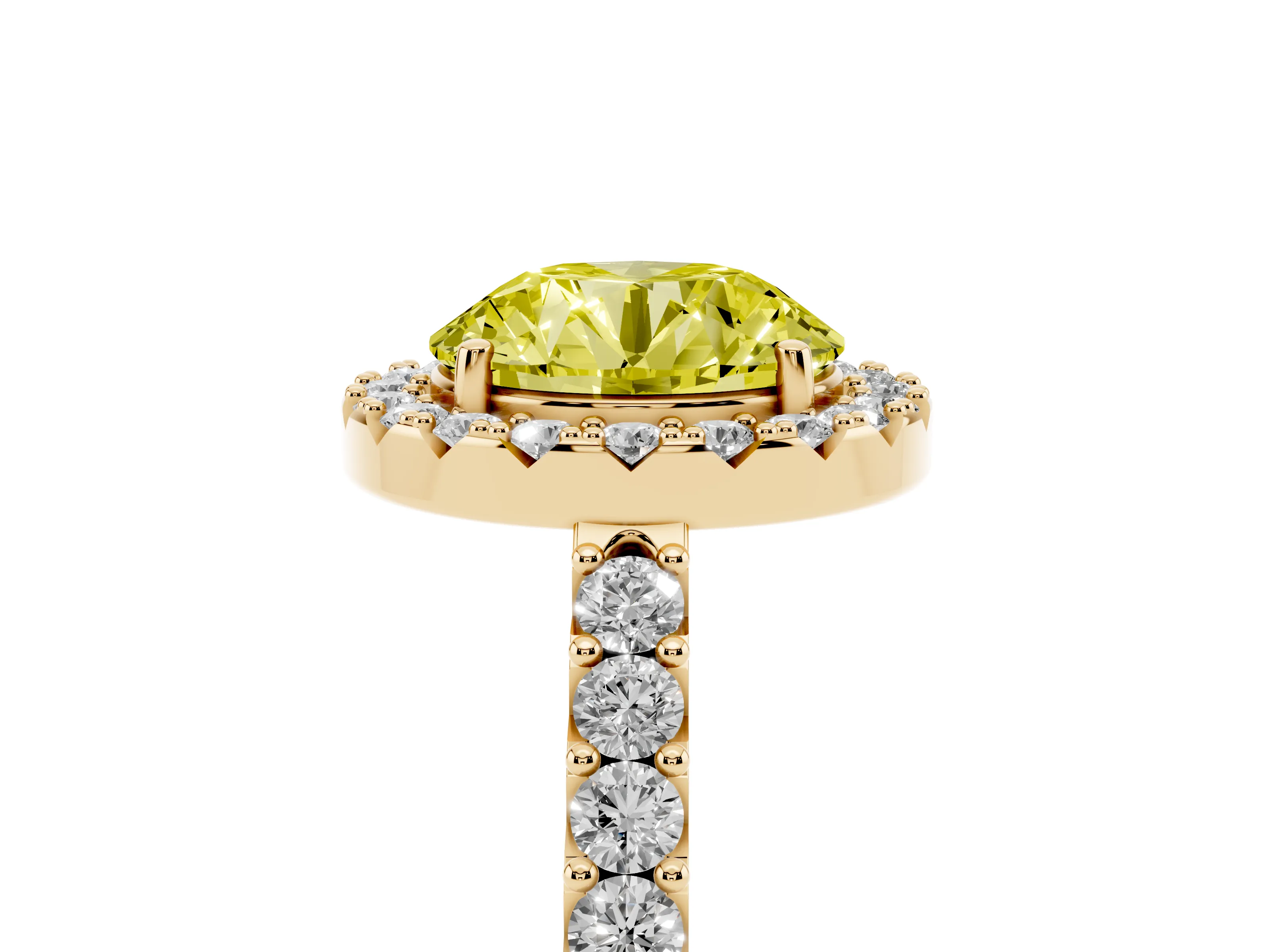 Fancy Yellow Round Cut Diamond Halo Pavé Solitaire Ring Set in Yellow gold with Prong-Set Center Stone