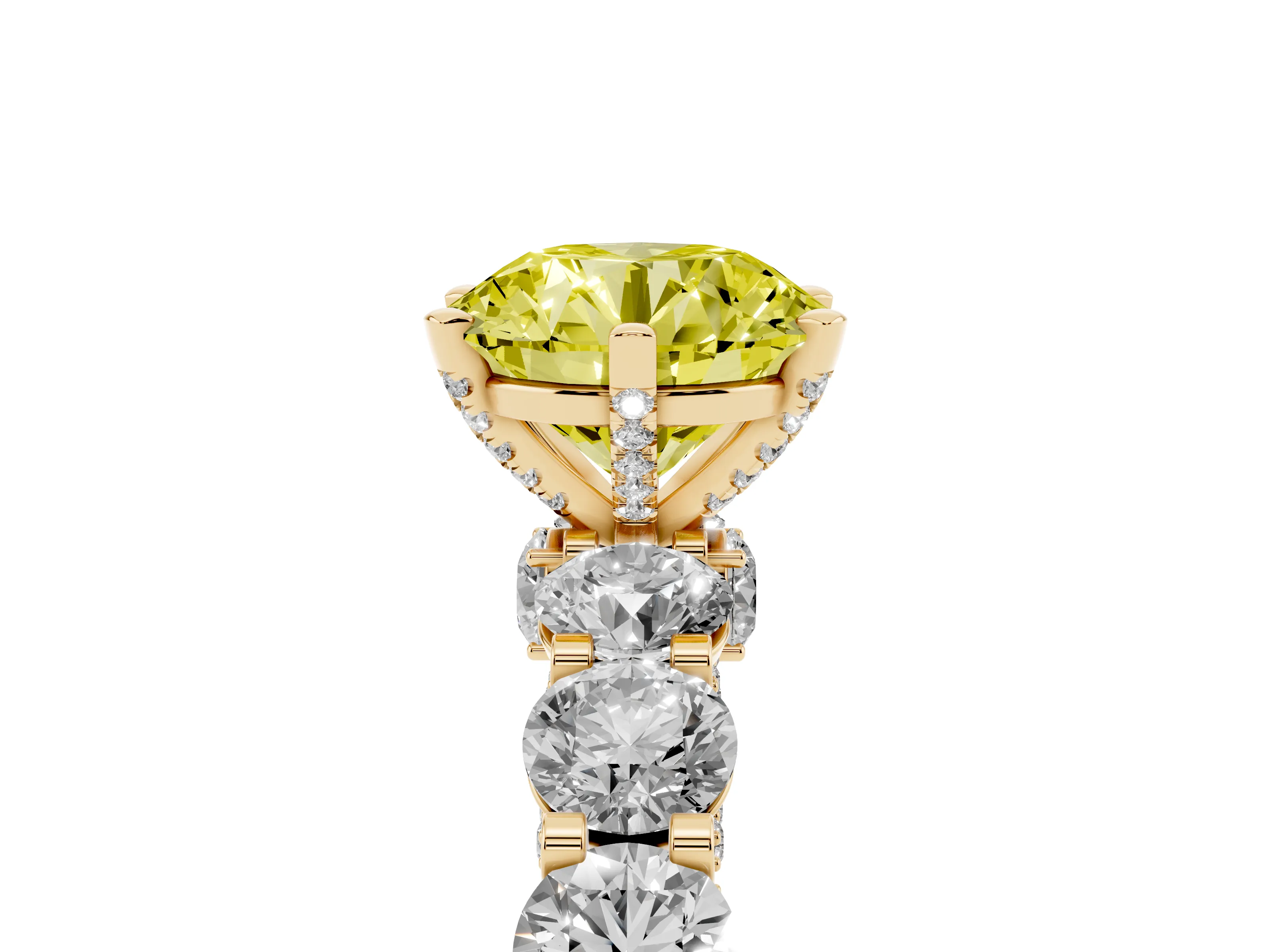 Fancy Yellow Round Cut Diamond Side Stone Ring Set in Yellow gold with Alternating Round and Oval Side Stones